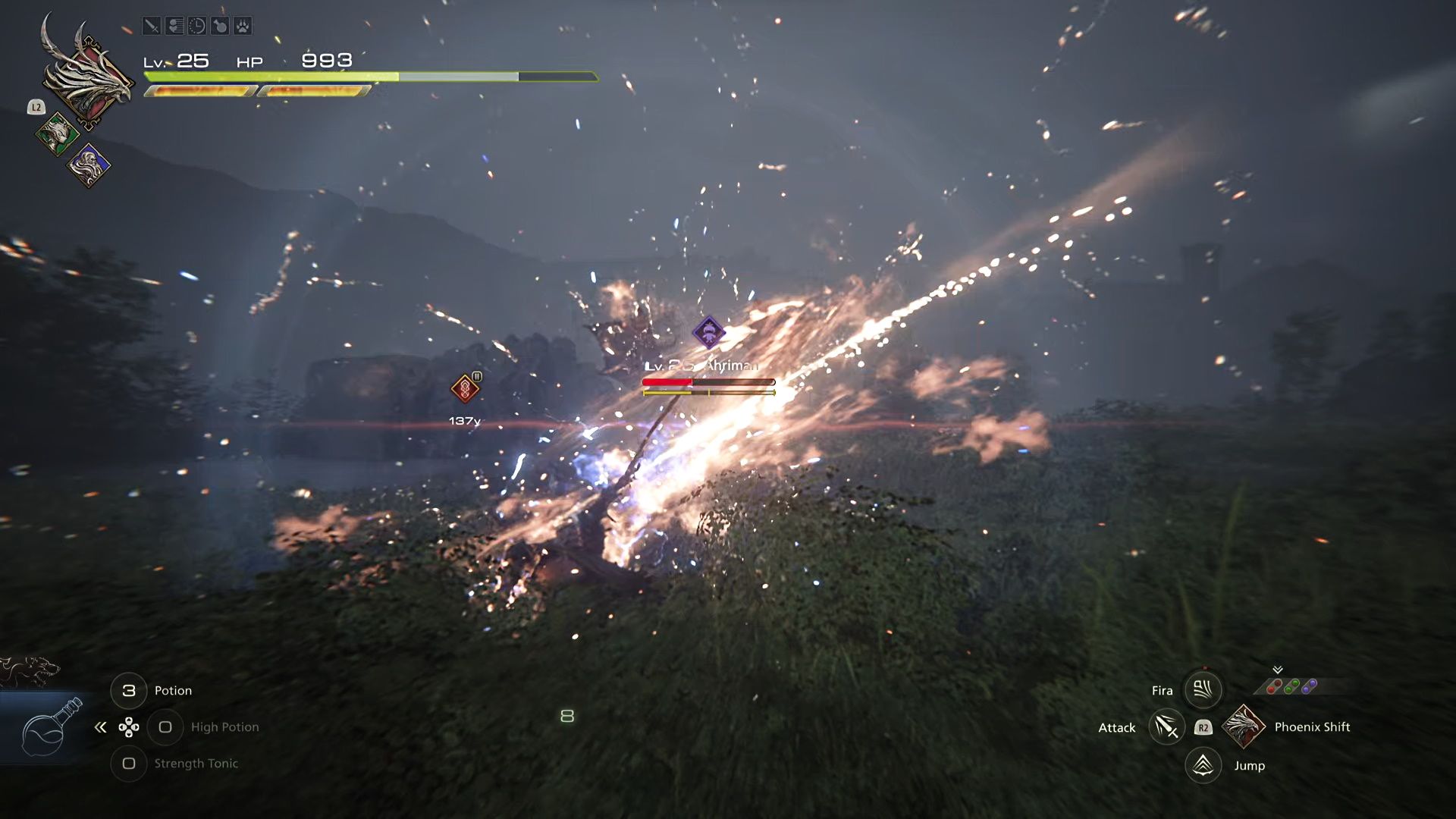 Final Fantasy 16, Ahriman Hunt, Clive using the heatwave attack