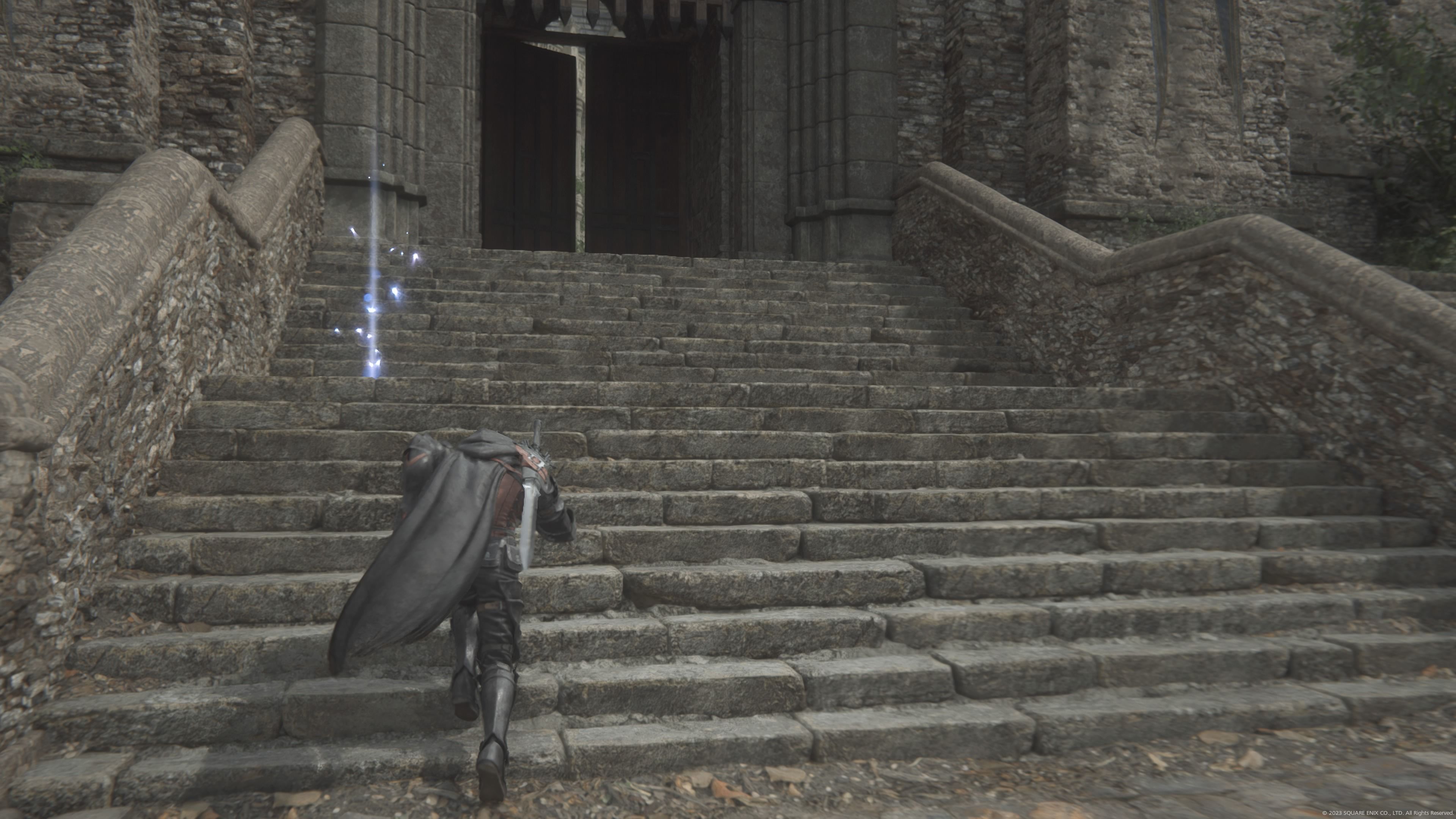 Final Fantasy 16 - Clive climbing the stairs to the royal courtyard in Rosalith