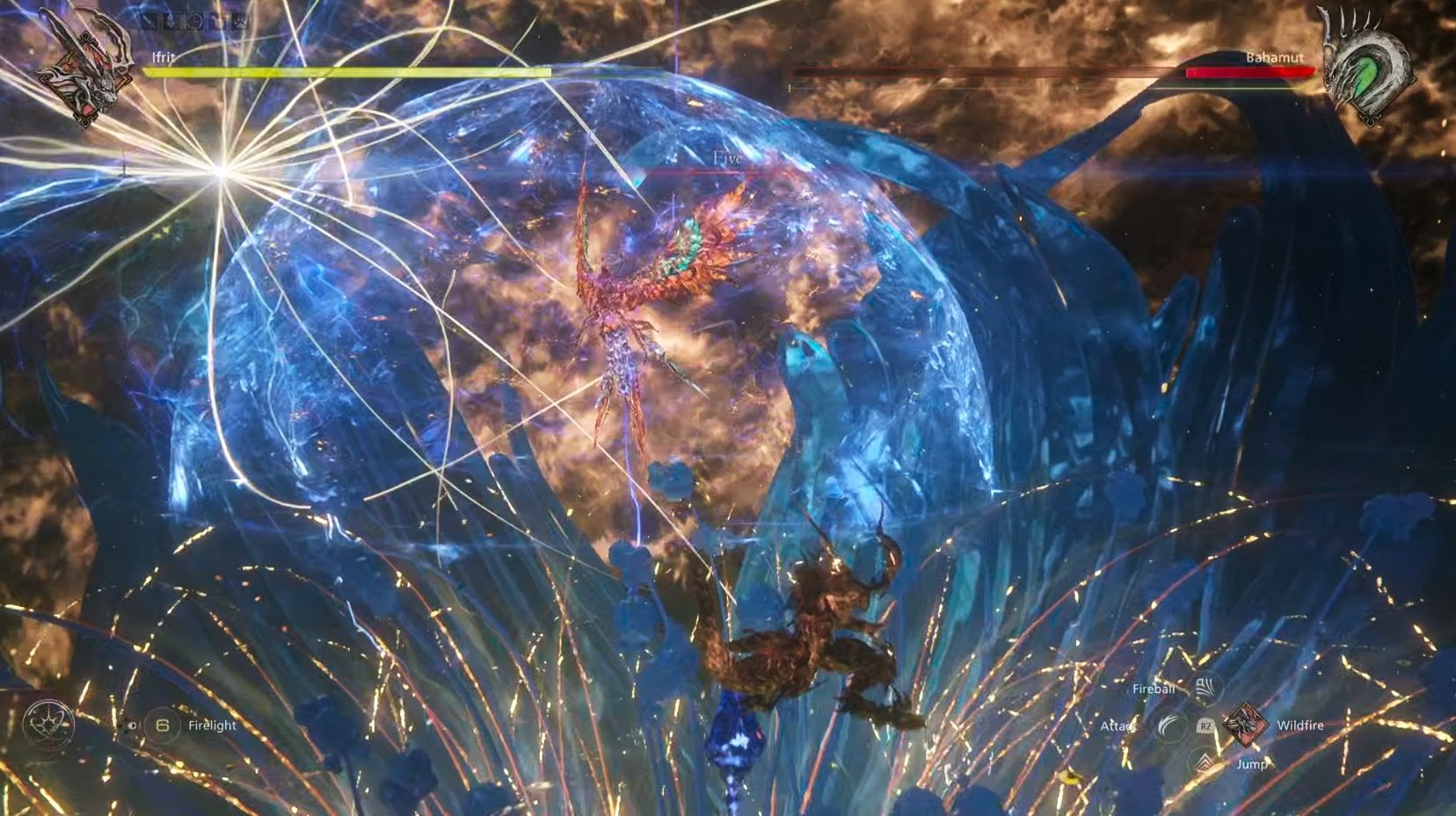 Final Fantasy 16 - Phoenix providing a barrer against Bahamut's Teraflare