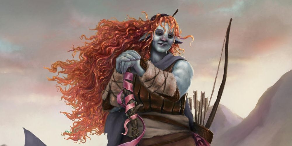 Red haired firbolg resting her hands on a staff