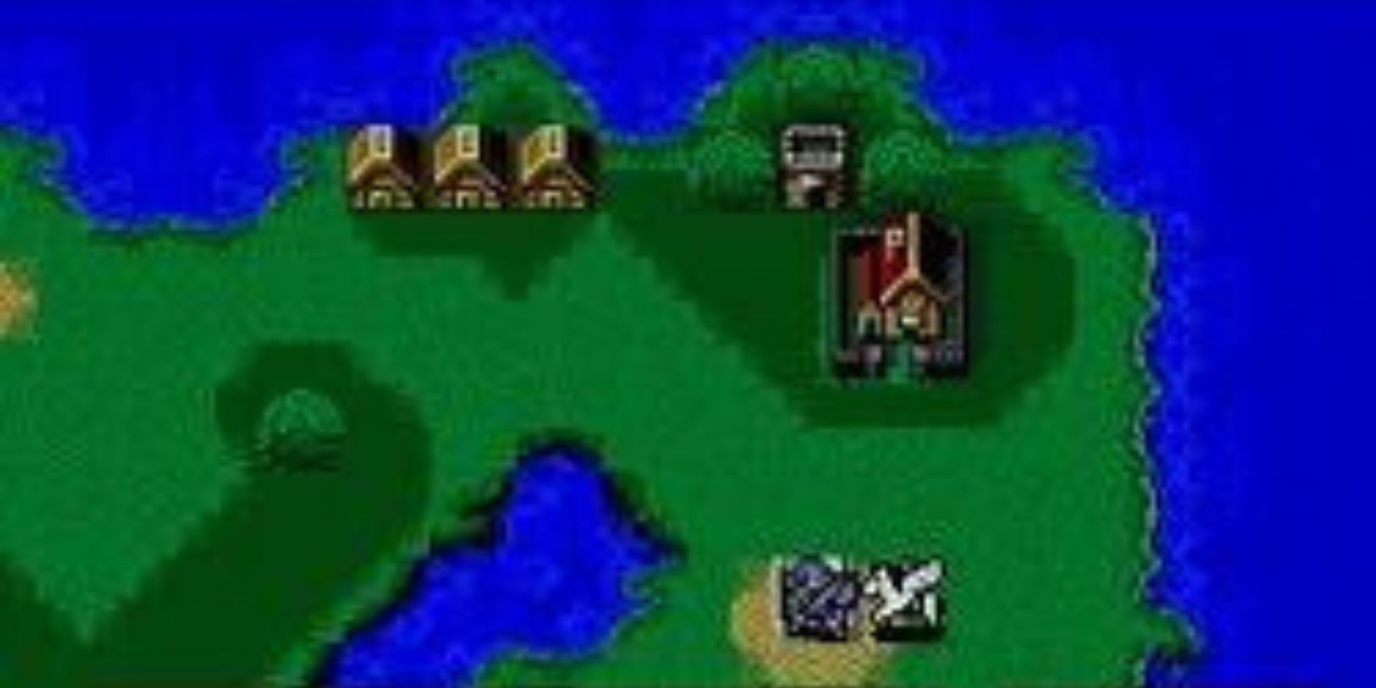A Knight and a Pegasus travel across a grassy field with a few houses