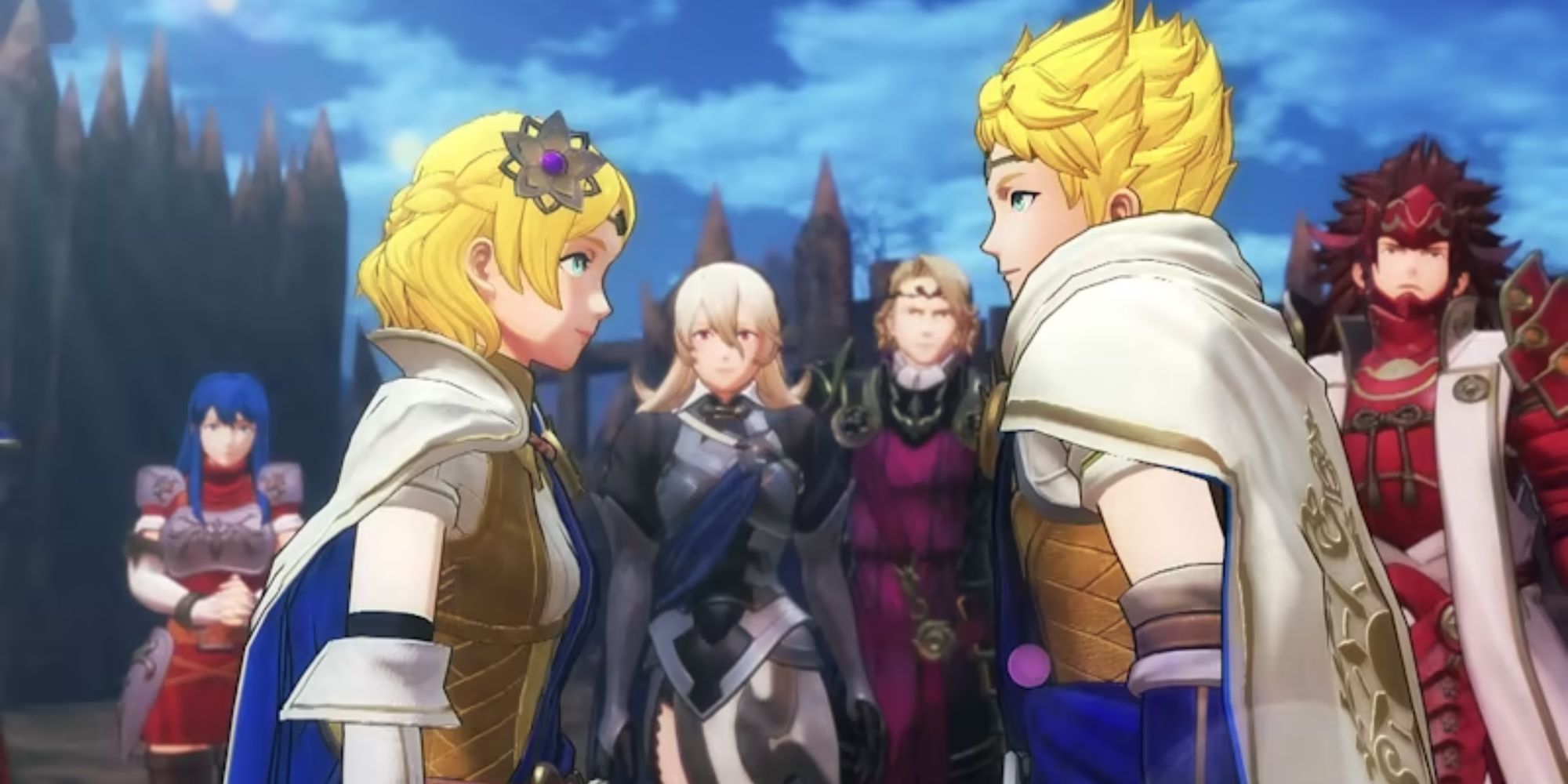 Rowan and Lianna talk in front of Xander, Ryoma, Corrin, and Caeda