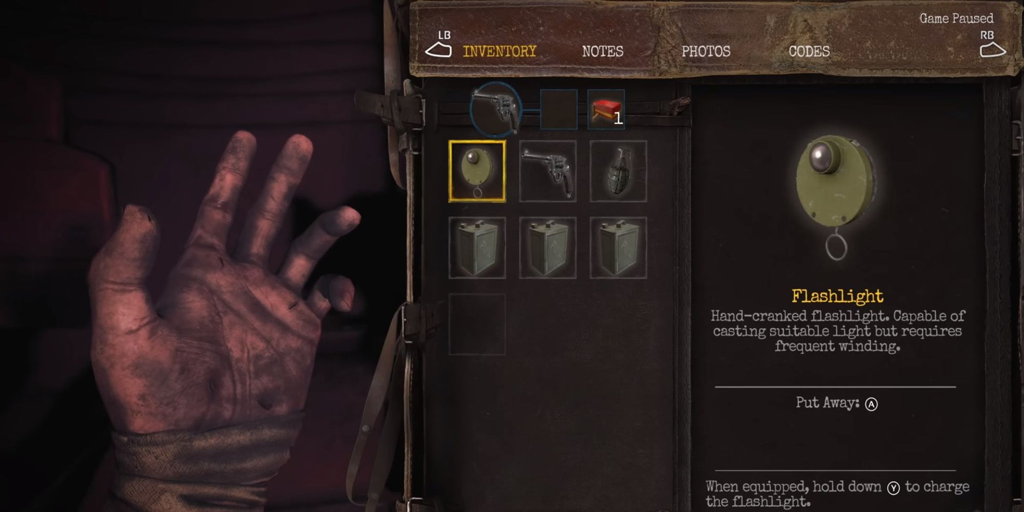The inventory showing details of Flashlight in Amnesia: The Bunker