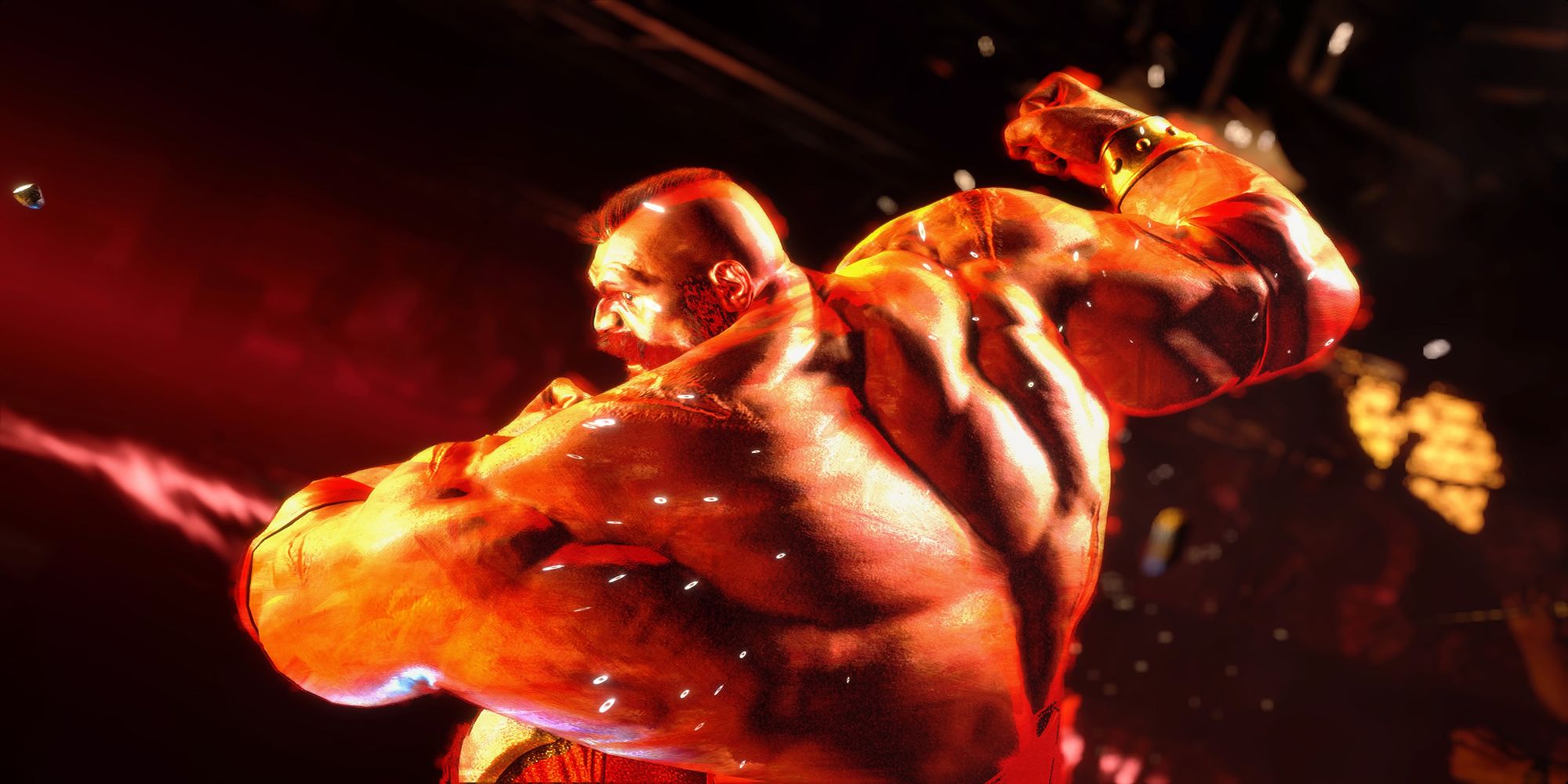Zangief flexes for the crowd at Barmaley Steelworks in Street Fighter 6.