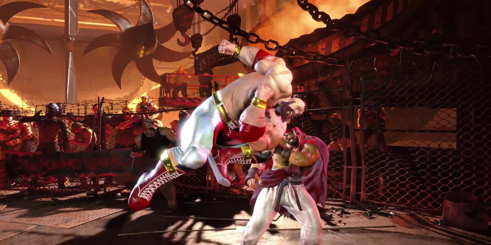 Zangief upheaves Ryu with a Flying Headbutt during a match at Barmaley Steelworks in Street Fighter 6.