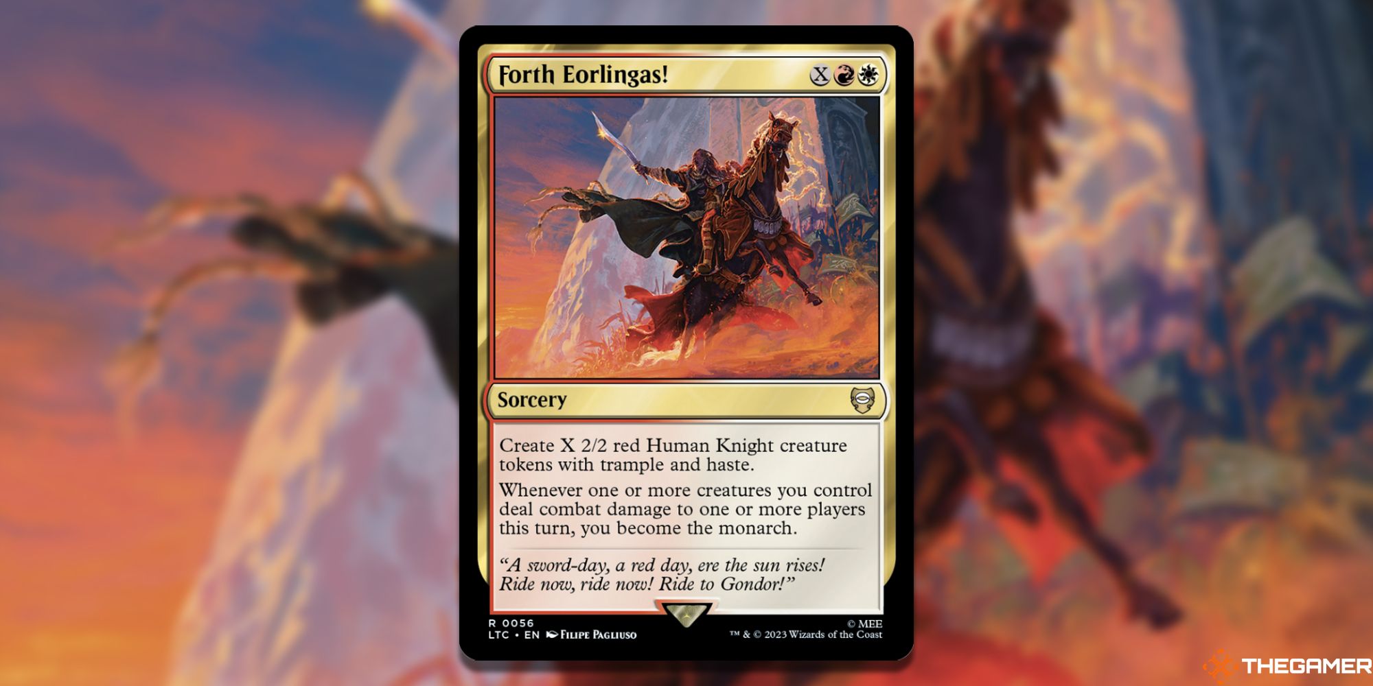 Image of the Forth Eorlingas! card in Magic: The Gathering, with art by Filipe Pagliuso