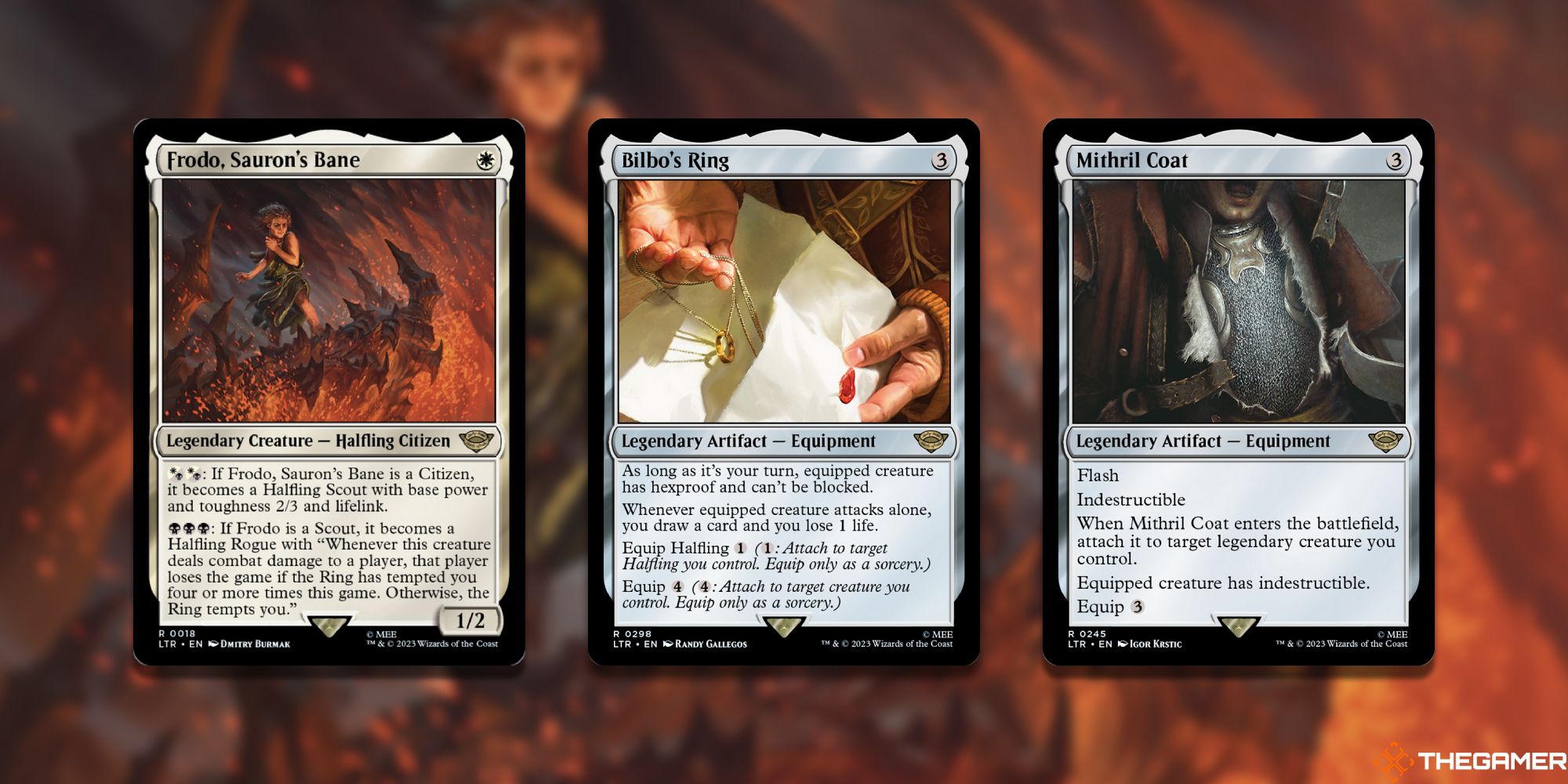 MTG: Frodo, Sauron's Bane/Bilbo's Ring/Mithril Coat cards