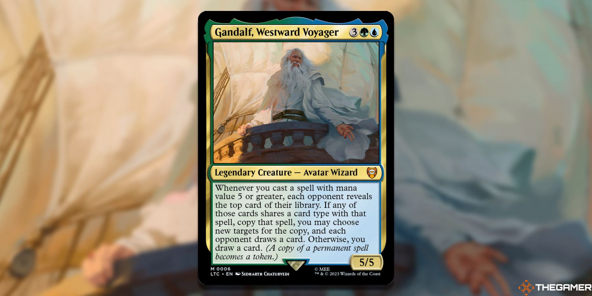Image of the Gandalf, Westward Voyager card in Magic: The Gathering, with art by Sidharth Chaturvedi