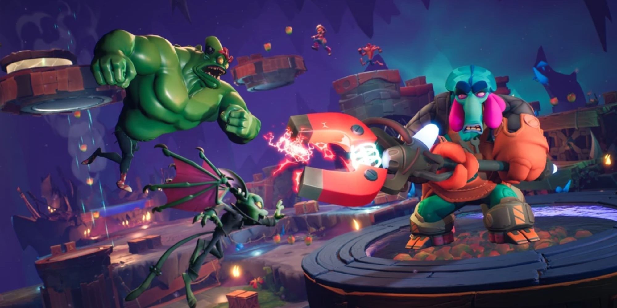 Gasmoxian Guard fighting N. Brio and Catbat, while Crash and Tawna are collecting Wumpa in the background, in Crash Team Rumble