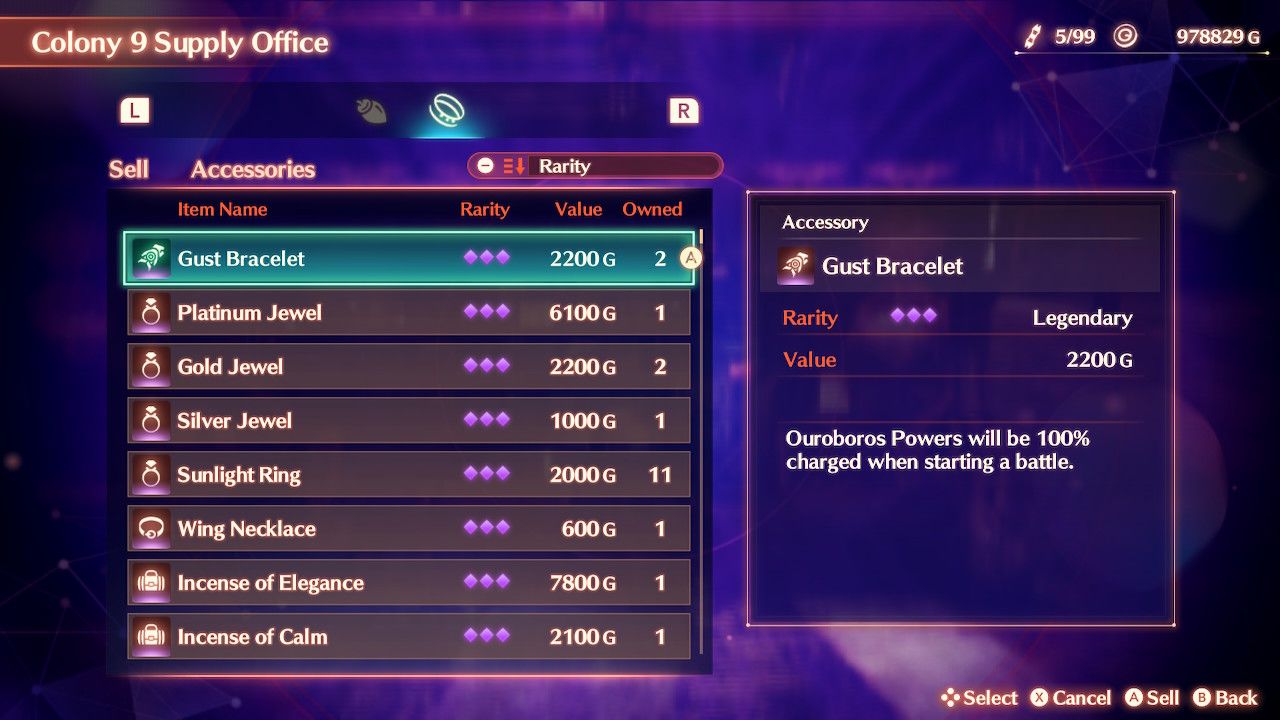 The screen where players can sell their accessories in Xenoblade Chronicles 3: Future Redeemed.