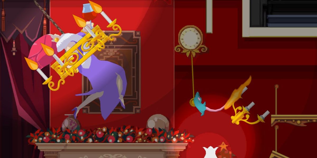 a rat with a burning tail lights a candle as Emma struggles to free herself from a chandelier in Ghost Trick: Phantom Detective