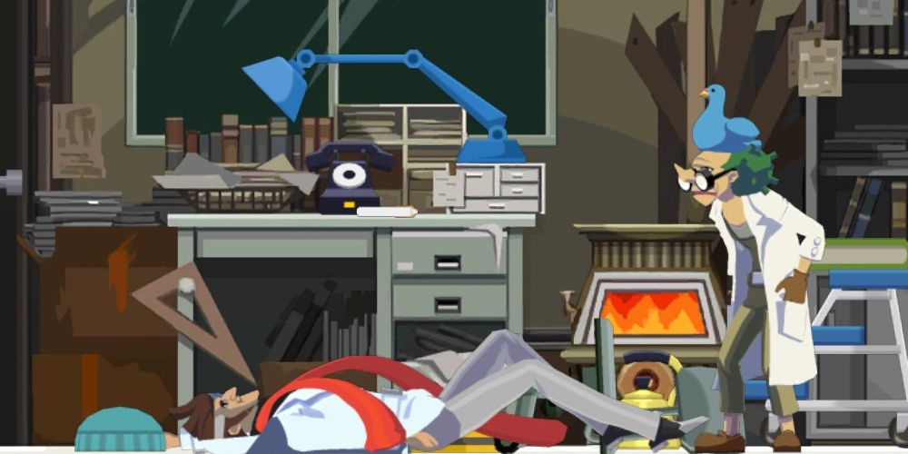 the pigeon man finds inspector cabanela on the floor after taking a knit hat to the face at high velocity in ghost trick: phantom detective