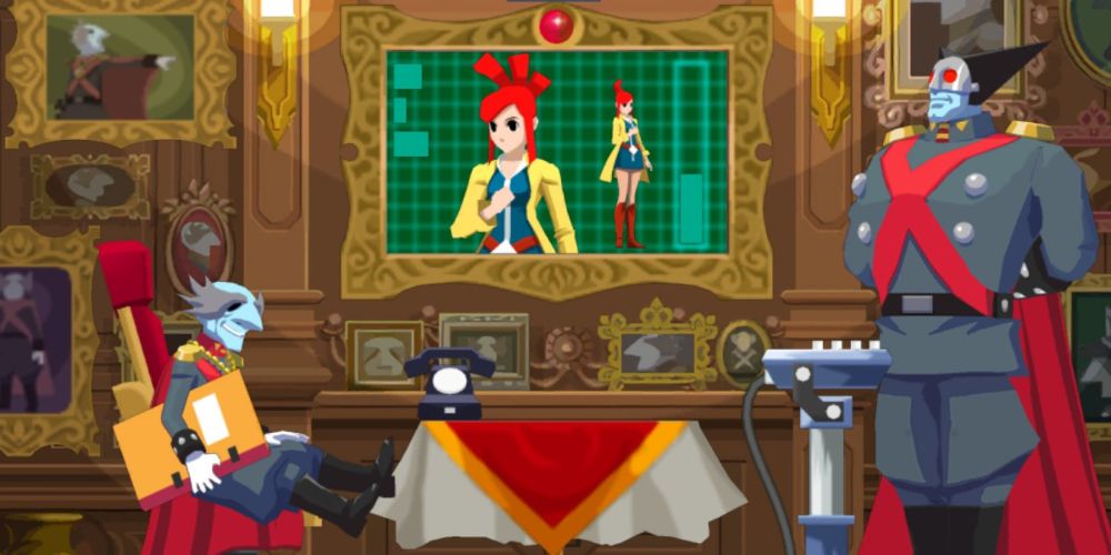 the villains of ghost trick phantom detective in their luxurious parlor, with Lynne's image projected on the wall