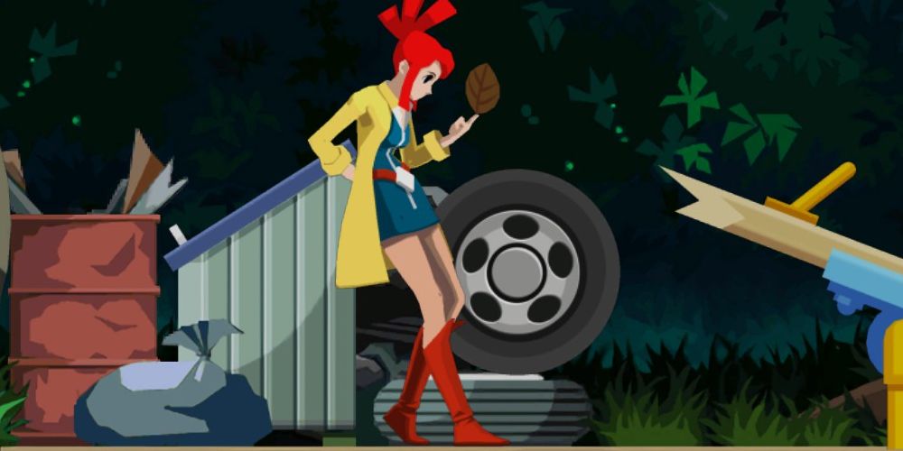 Lynne examines a leaf in Temsik Park in Ghost Trick: Phantom Detective