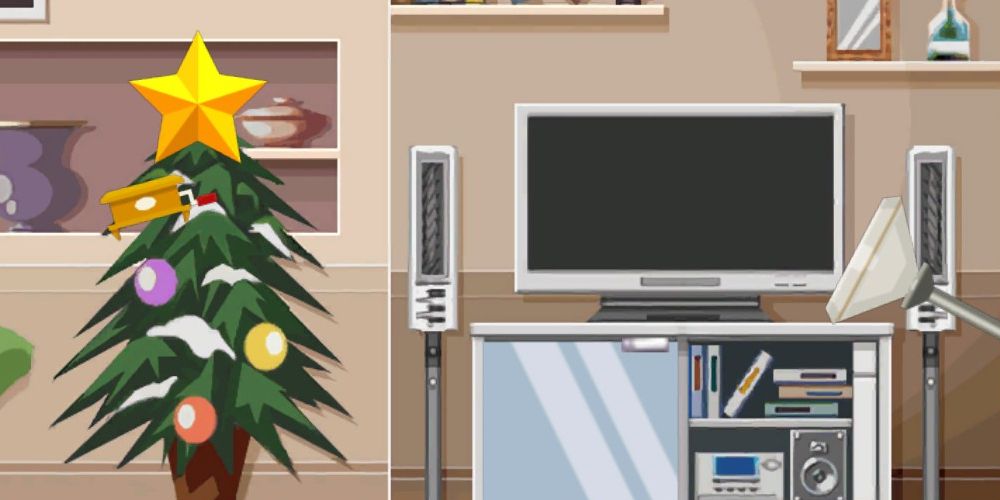 the tv and christmas tree in lynne's apartment, with the music box lodged in the tree, in ghost trick: phantom detective