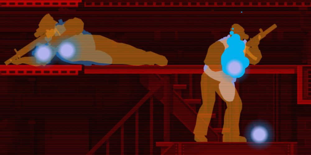 two guards viewed from the ghost world in ghost trick: phantom detective.  The guard on the left is prone, aiming through a ceiling grate tot he floor below.