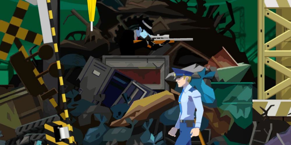 one step ahead tengo takes aim from a far-off position in the junkyard as a cop patrols below in ghost trick phantom detective