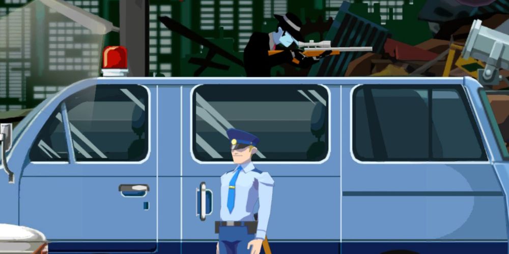 one step ahead tengo takes aim with his sniper rifle above an oblivious police officer in ghost trick phantom detective