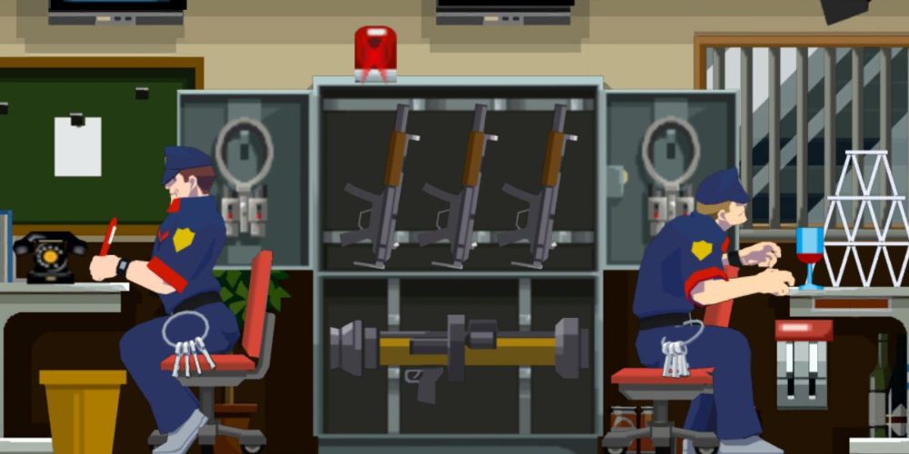 the guards of the secret prison sit at their desks while the weapons locker is open in ghost trick: phantom detective