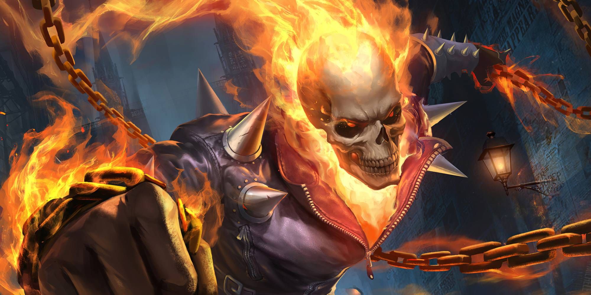 The flaming skeleton of Ghostrider poses as his flaming chain whips around