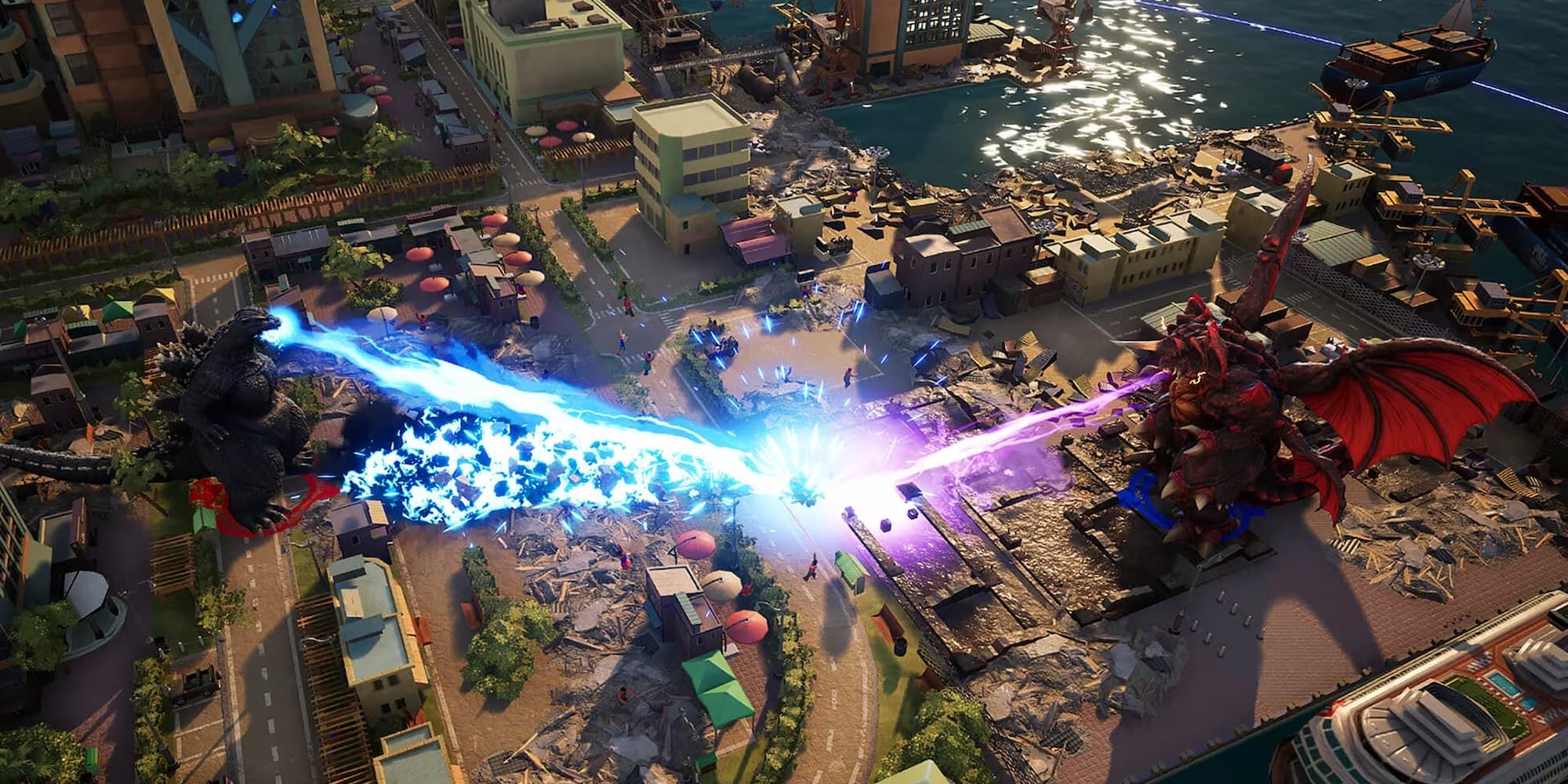 Two Kaijus fire beams at each in a city by the ocean in GigaBash.