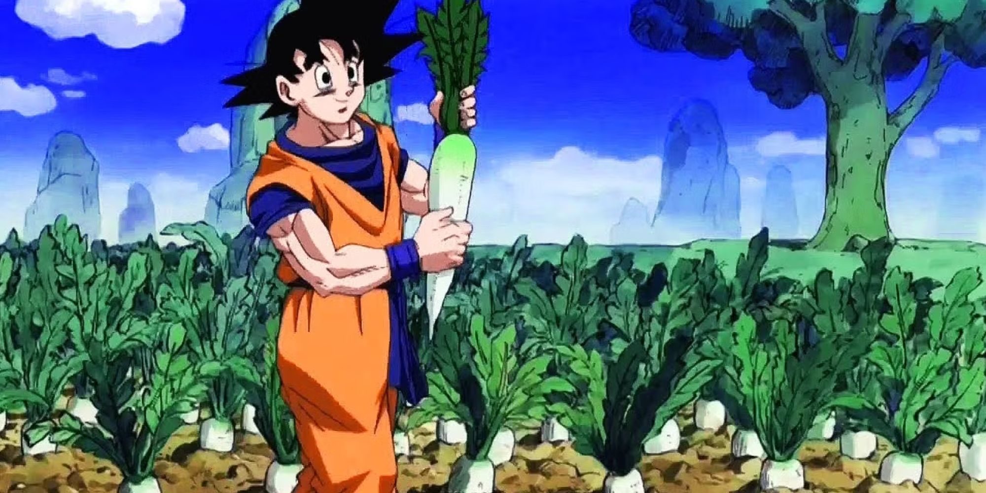Goku holding a daikon radish in Dragon Ball Z