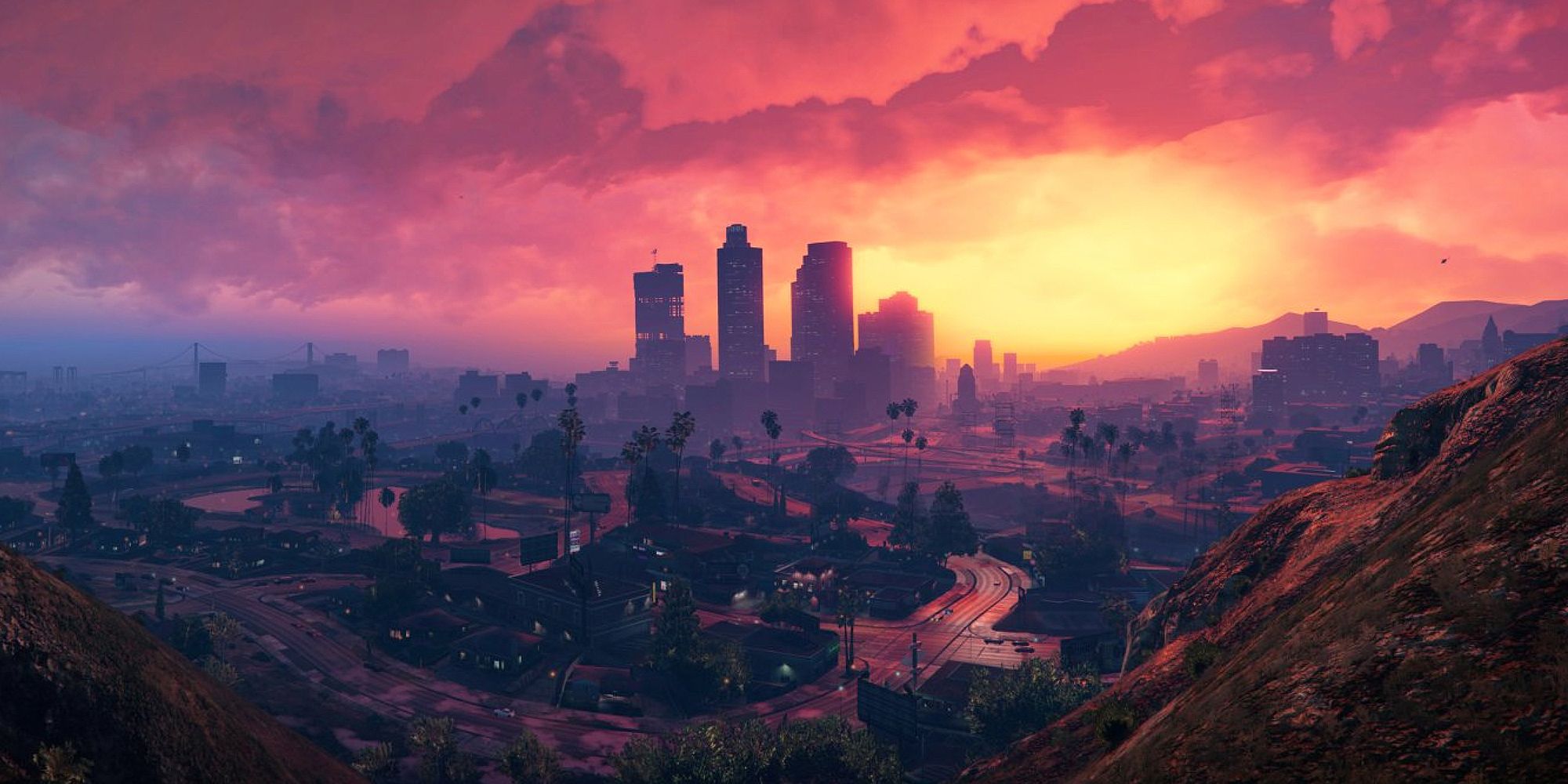 The skyline of a city during sunset 