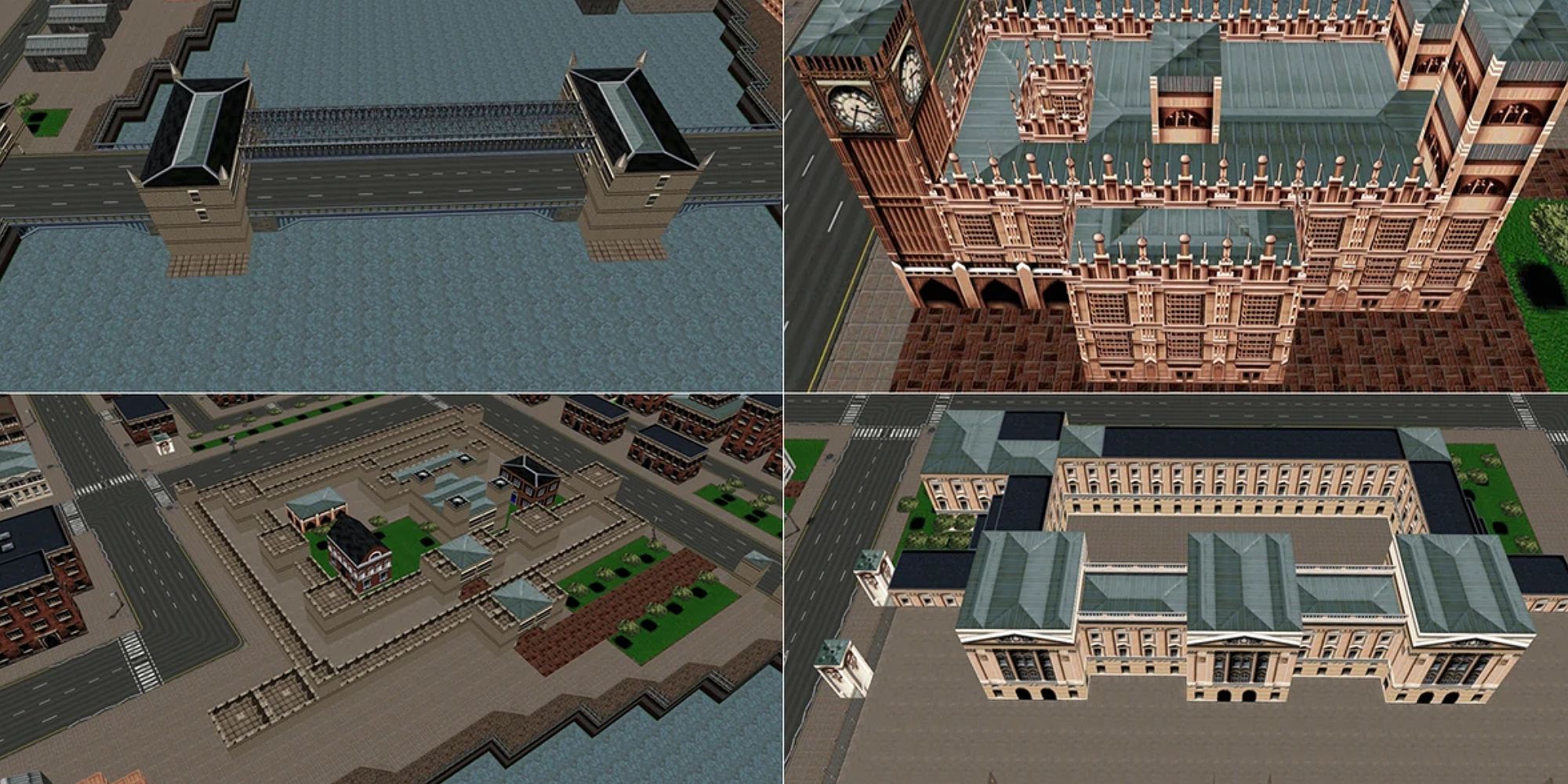 A collage of four images showing iconic London attractions such as Buckingham Palace and London Bridge