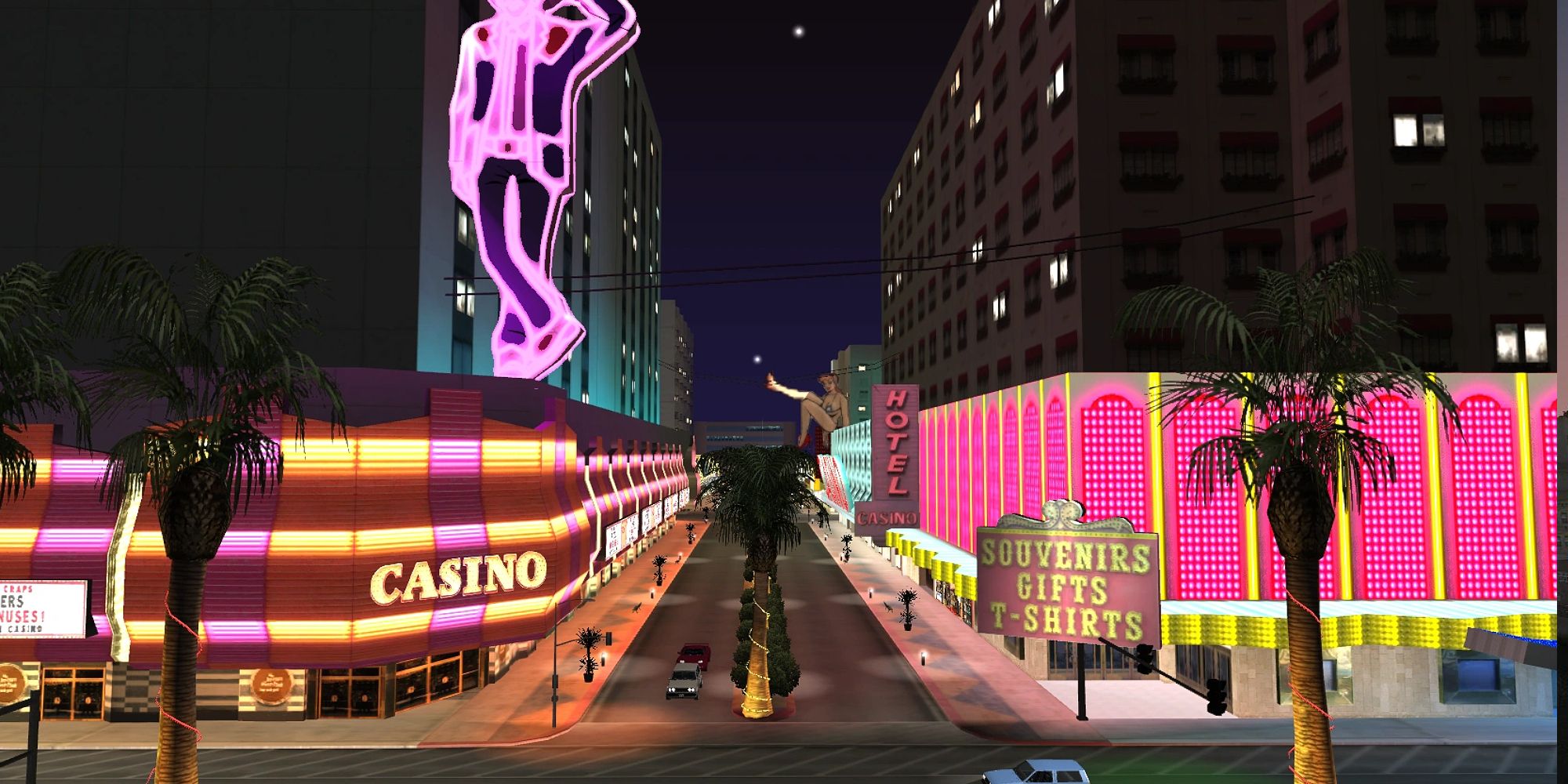 A city street with tropic trees and neon signs that illuminate the busy street