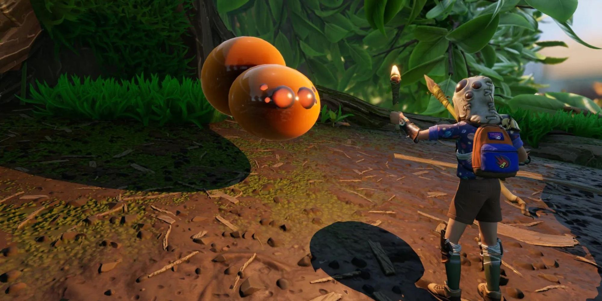 A characters looks at a giant blob without legs
