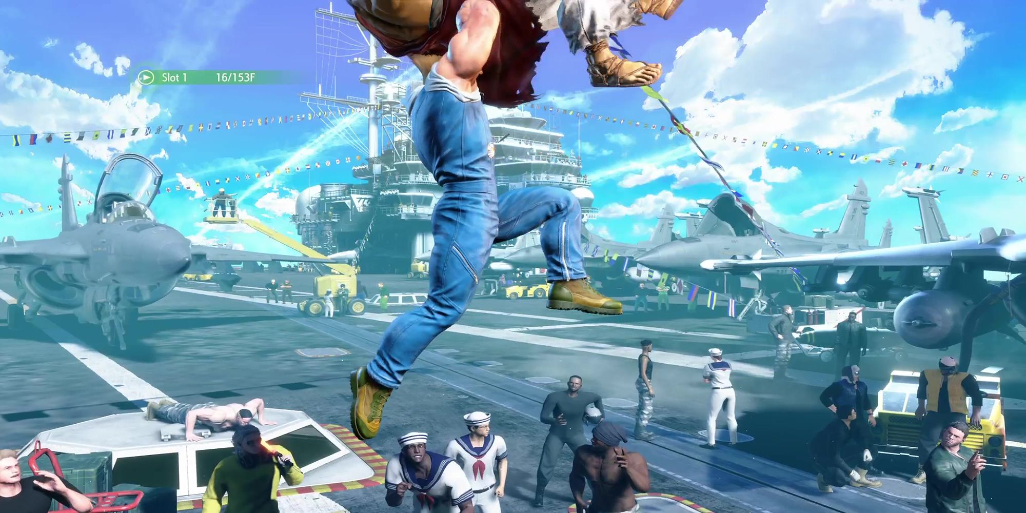 Guile catches Ryu in the air during a battle at Aircraft Carrier Byron Taylor in Street Fighter 6.