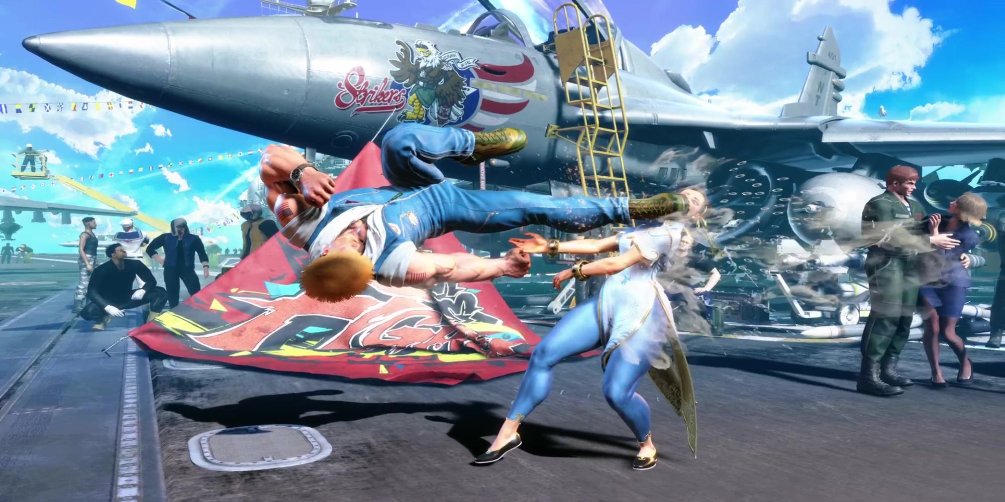 Guile knocks the spit out of Chun-li with his Reverse Spin Kick during a battle at Aircraft Carrier Byron Taylor in Street Fighter 6.
