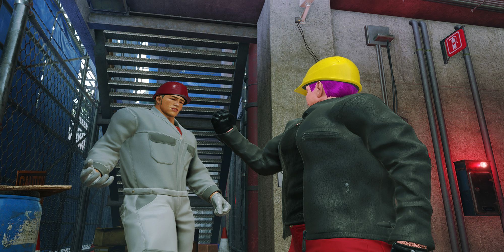 The player avatar greets Gus at the scaffolding entrance inside the SiRN Construction Site in Street Fighter 6.