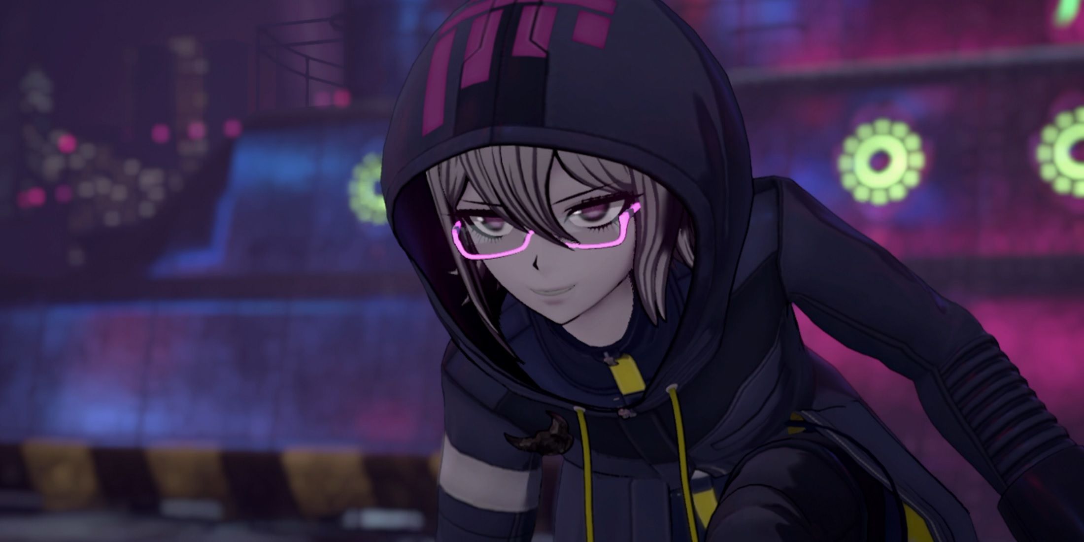 Halara bracing to strike her foes in front of Kanai Ward's purple and blue background