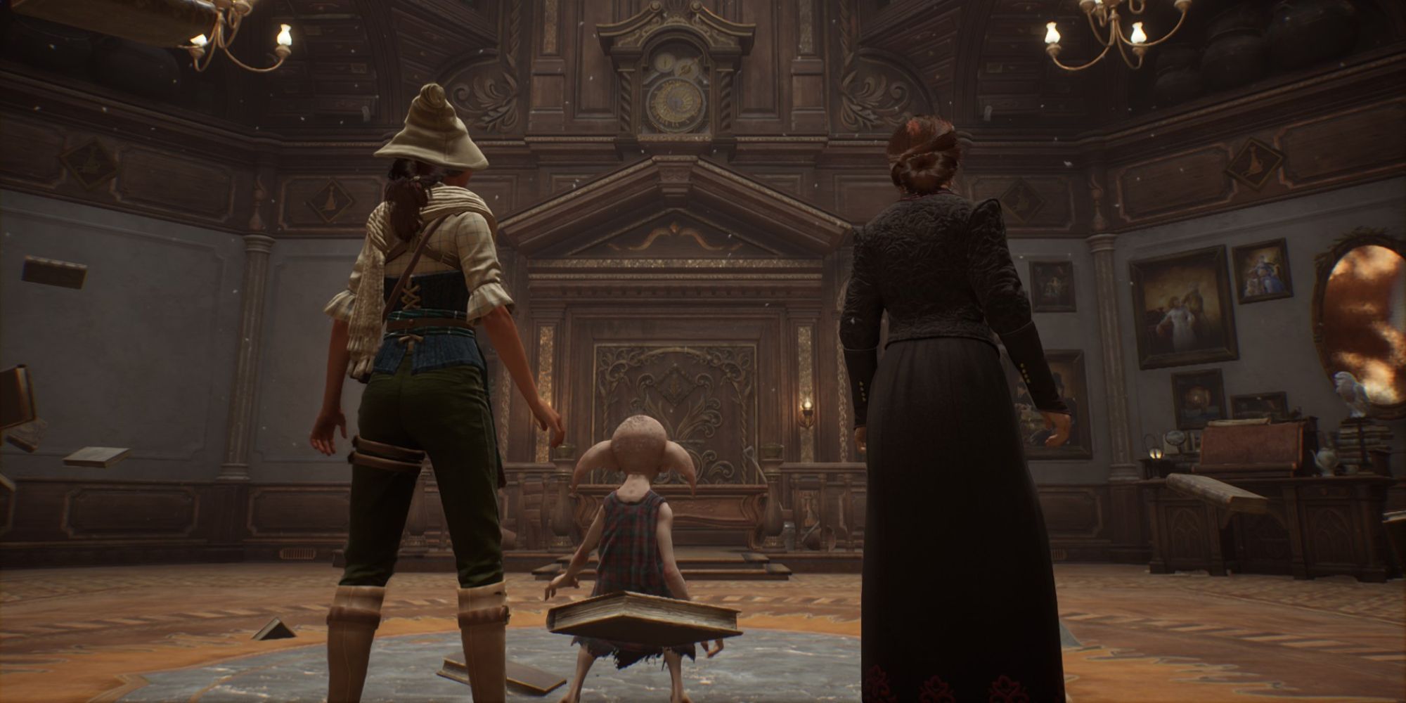 hogwarts legacy player character next to house elf and prof weasly