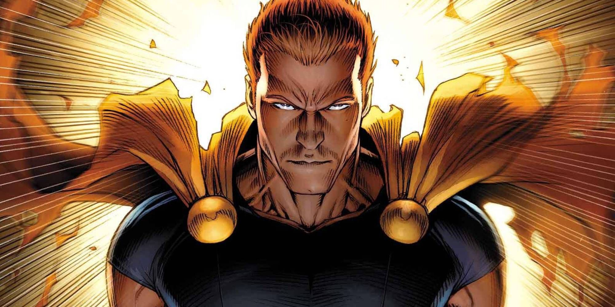 Artwork of Hyperion standing with a yellow background as his cape flies around