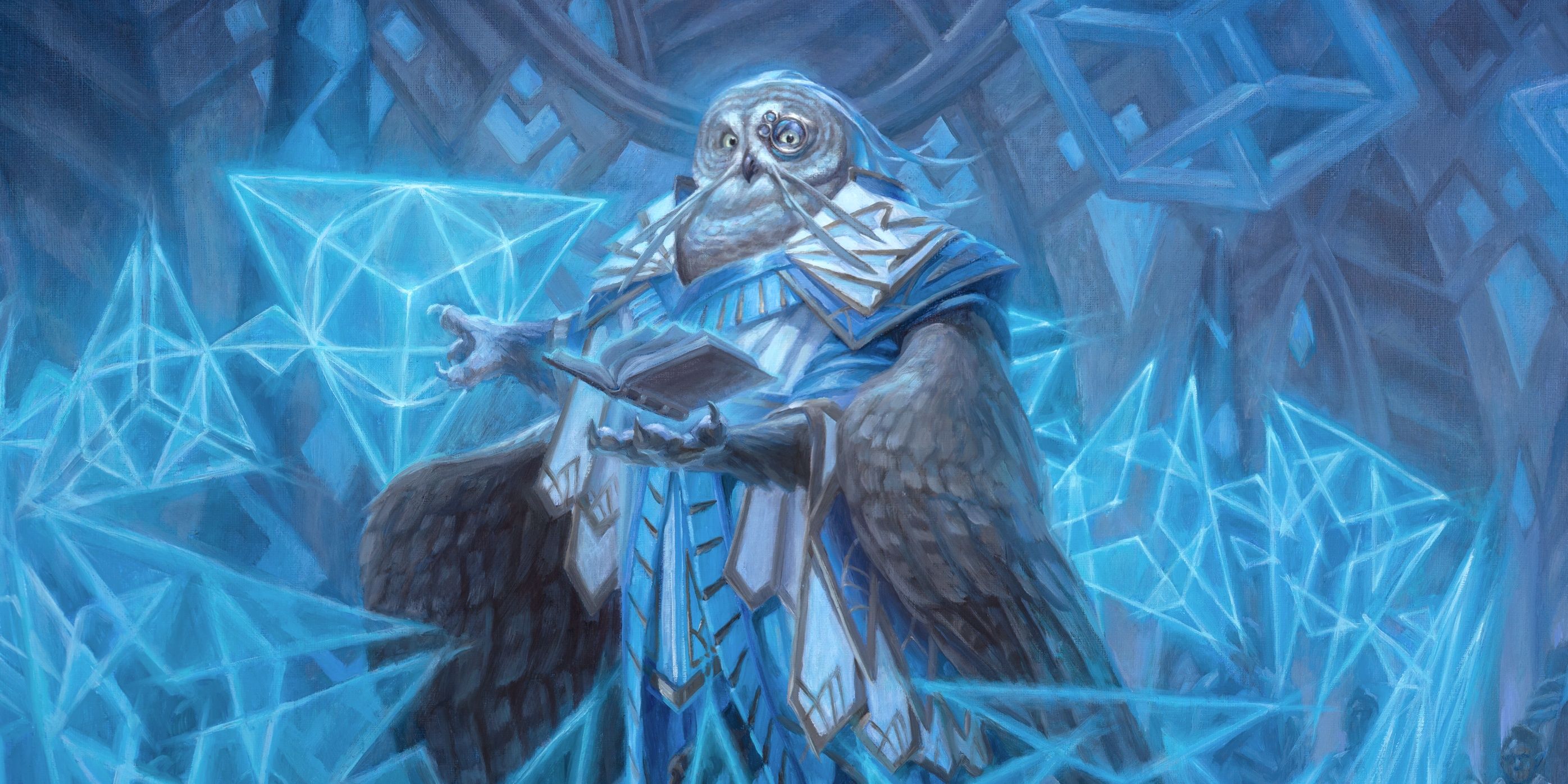 white owlin holding book and casting magic