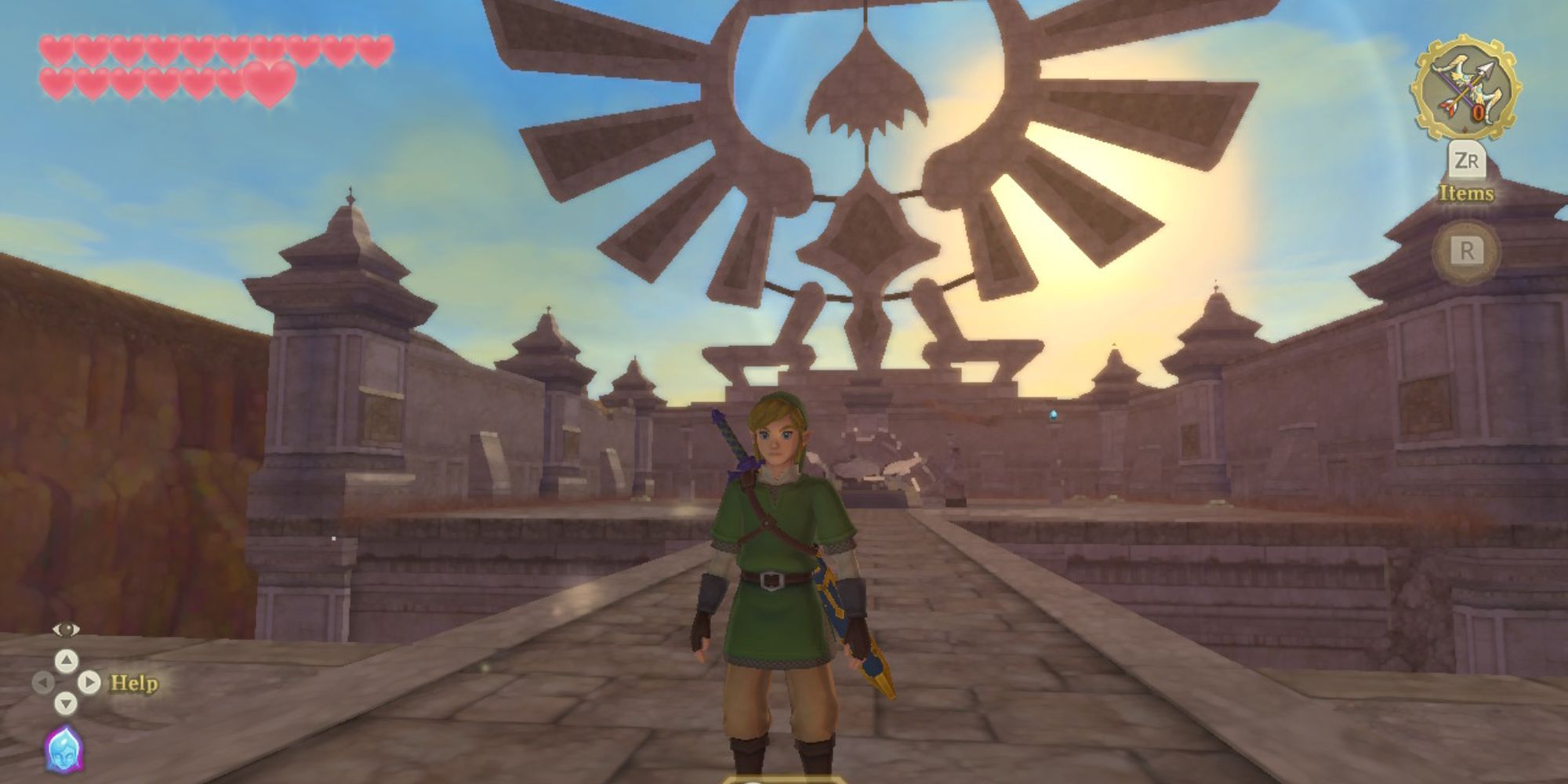 The Legend of Zelda: Skyward Sword - Link stands in the Temple of Time with the ruined Gate of time behind him