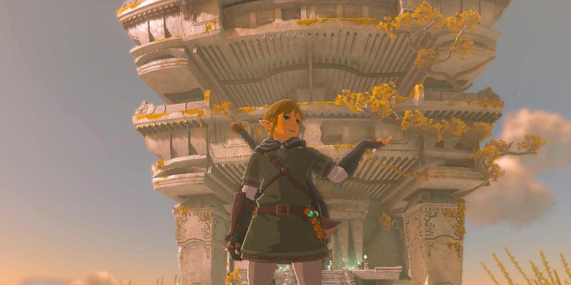 The Legend of Zelda: Tears of the Kingdom - Link stands in front of the skyward Temple of Time