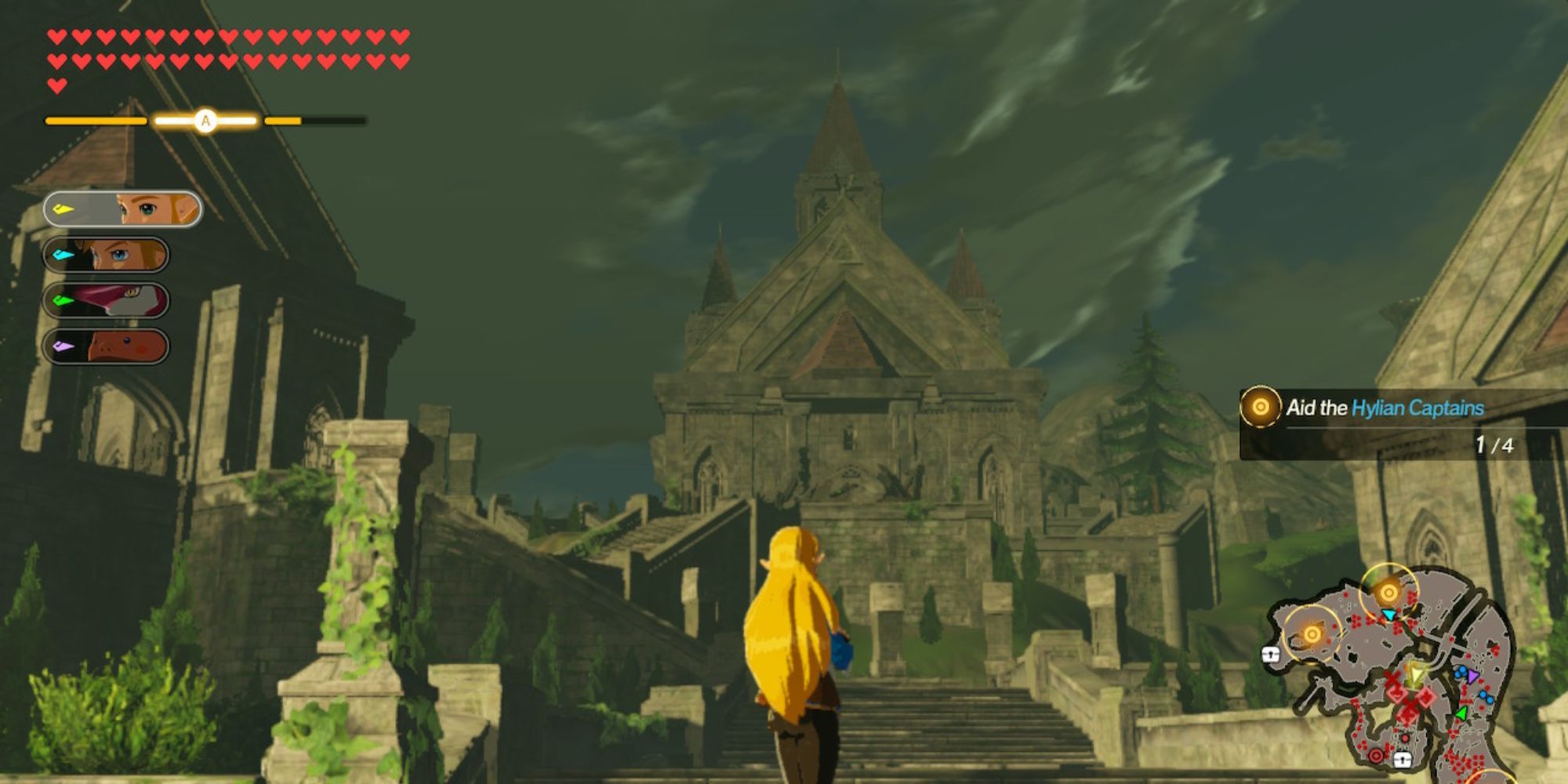 Hyrule Warriors: Age of Calamity - the Temple of Time as seen in the past before being ruined. Zelda stands in front of it