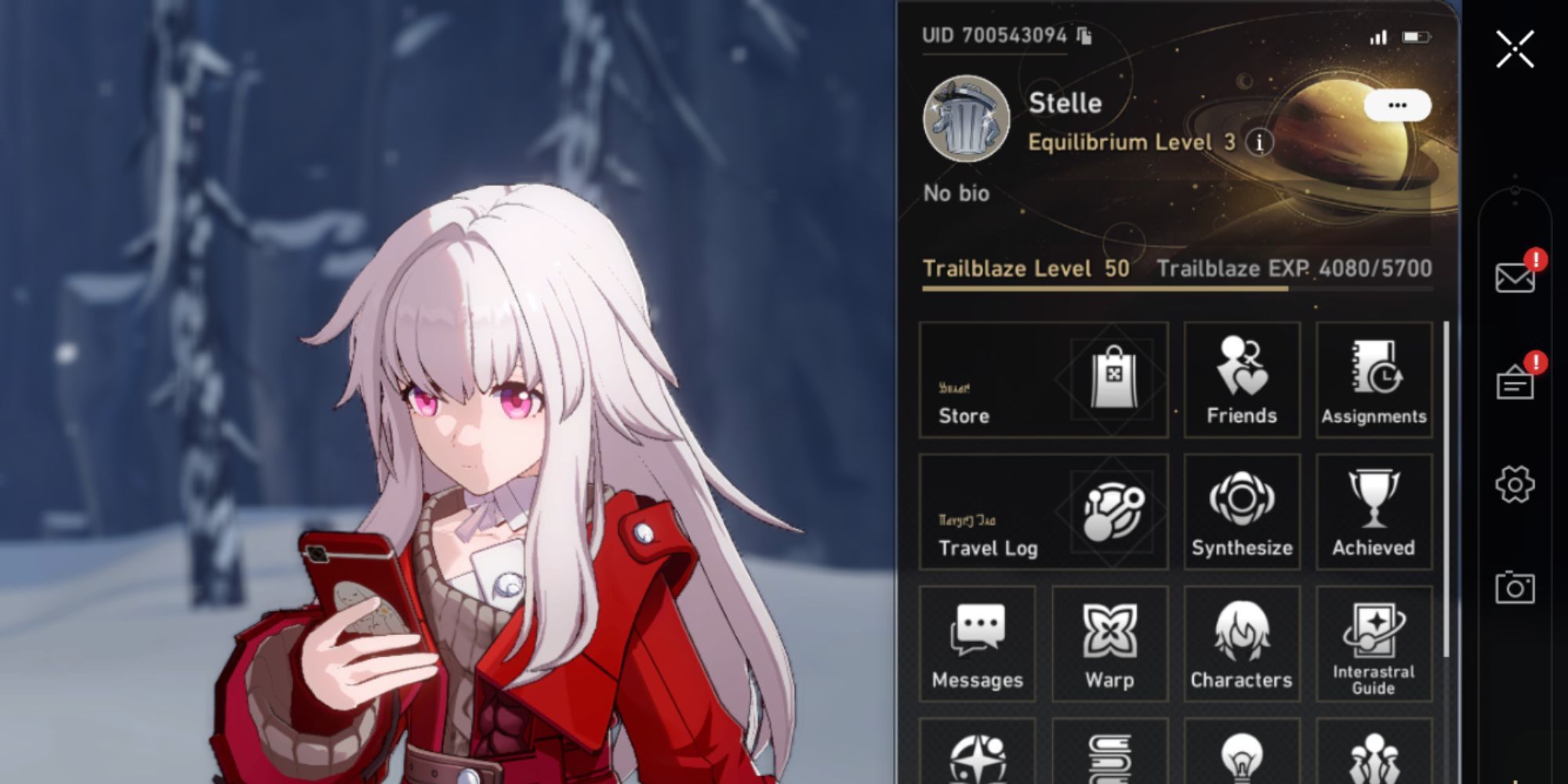 Clara looks at her phone, while the menu appears on the right in Honkai: Star Rail