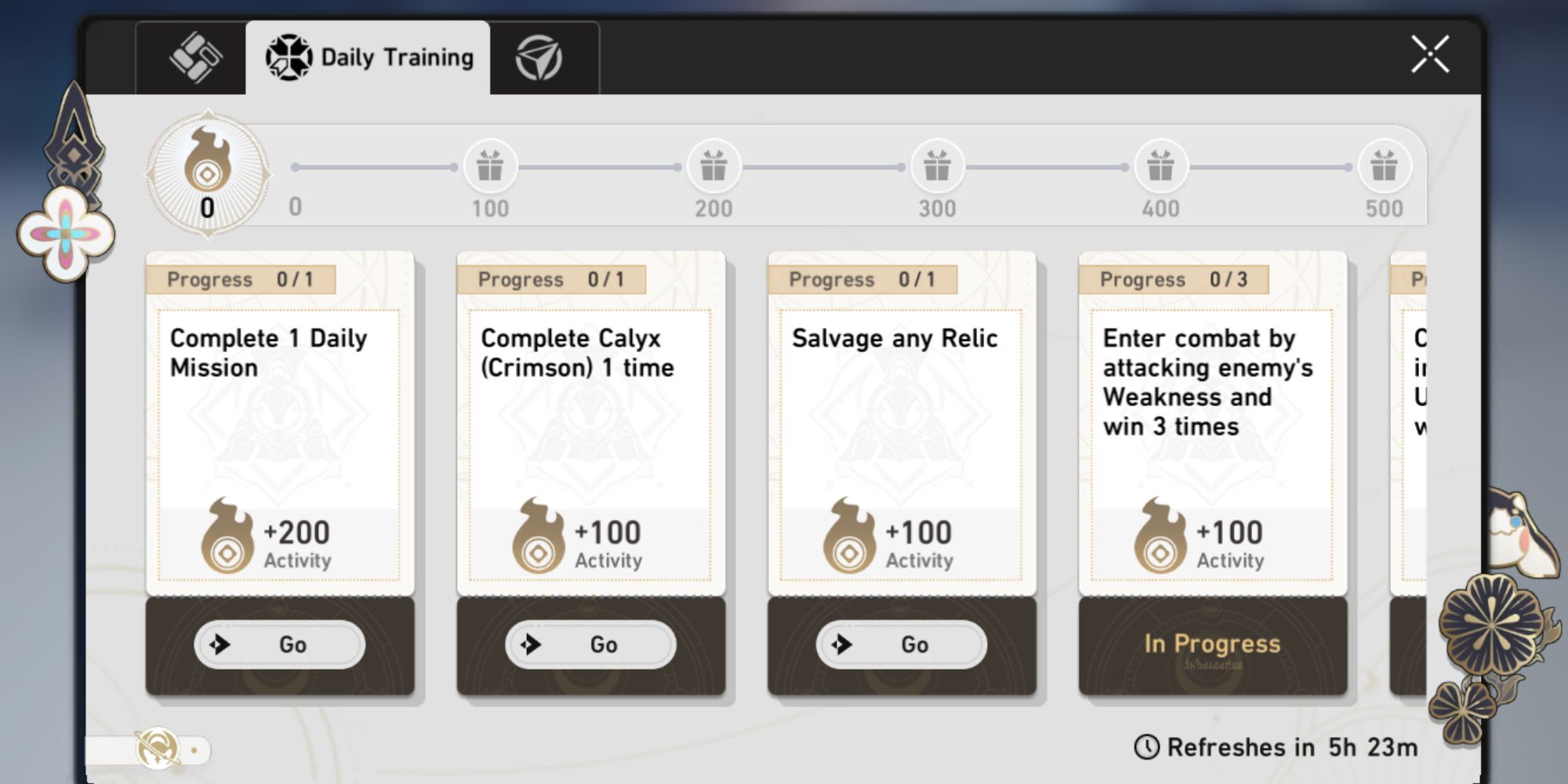 The Daily Training tab shows several objectives to complete in the Interastral Guide in Honkai: Star Rail