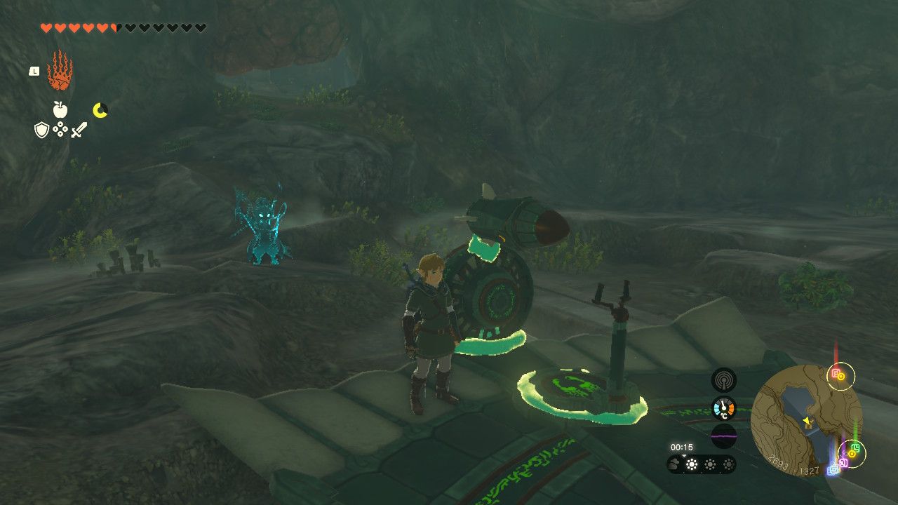The Legend of Zelda: Tears of the Kingdom - Link stands by a Zonai Wing inside the cave with the O-Ogim crystal location