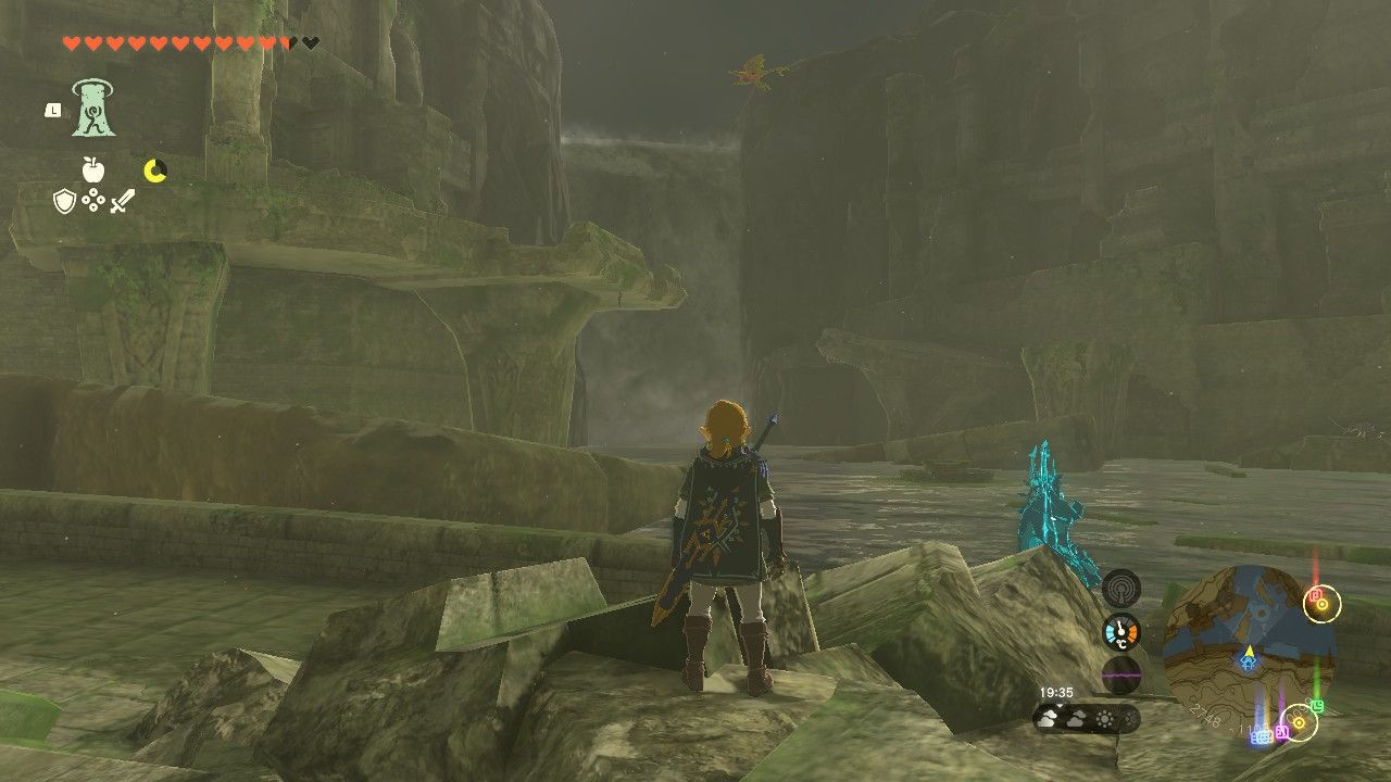 The Legend of Zelda: Tears of the Kingdom - view of Lanayru Promenade, showing the waterfall to find the crystal for O-Ogim Shrine