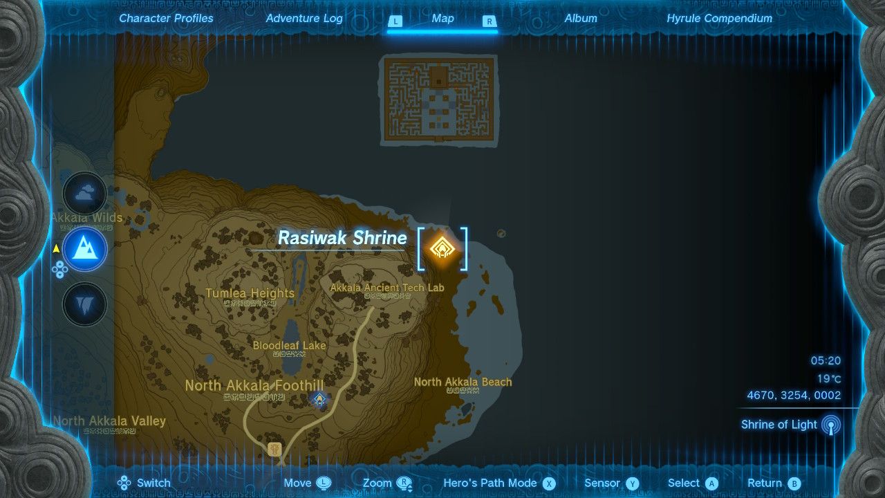 Rasiwak Shrine on the world map in Akkala in The Legend of Zelda: Tears of the Kingdom