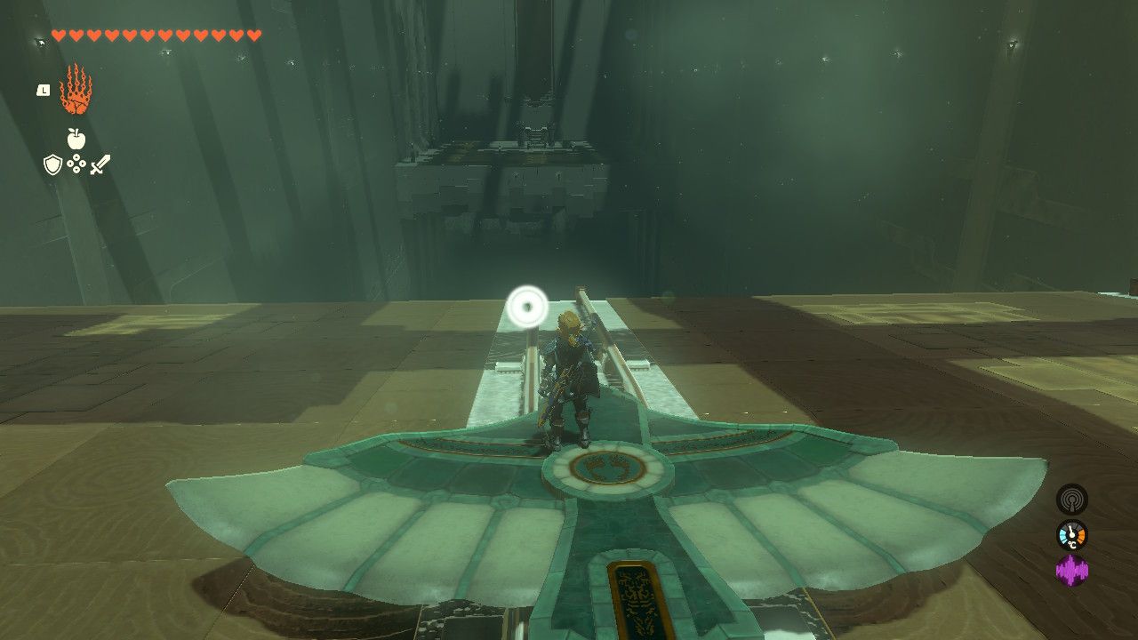 Link stands on a zonai wing in Apogek Shrine The Legend of Zelda: Tears of the Kingdom
