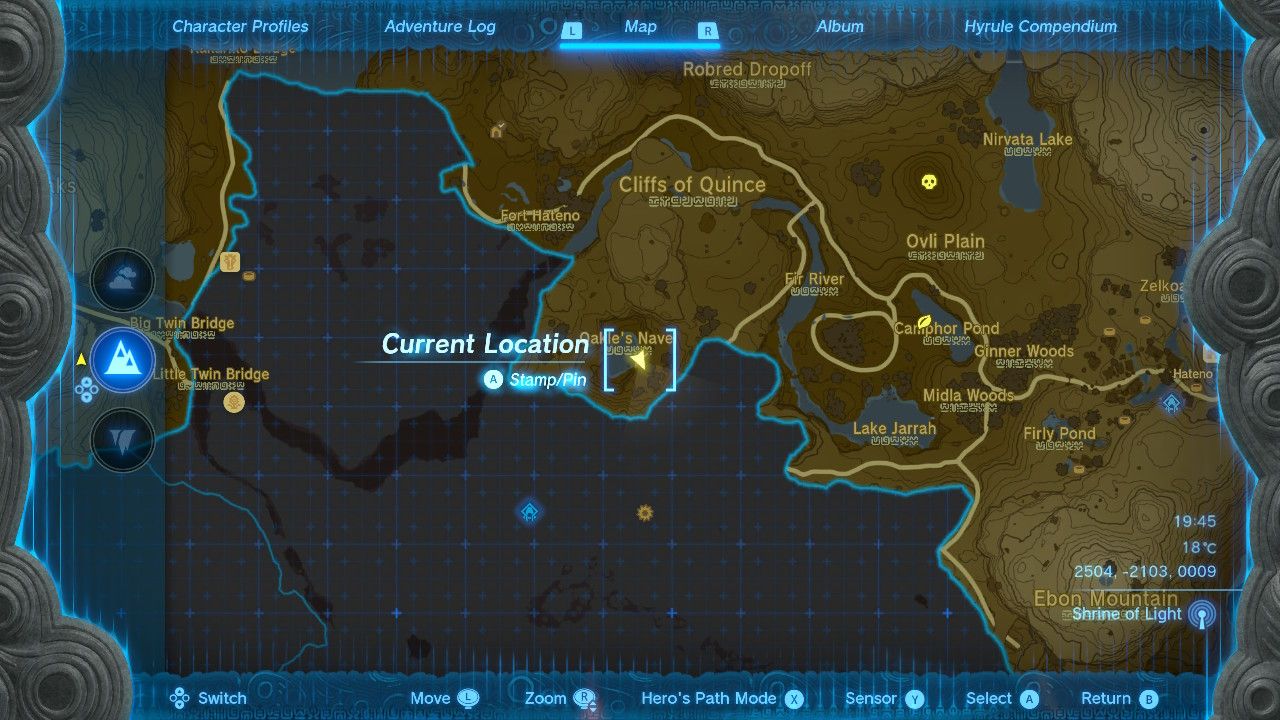 Map location of Oakle's Navel Cave in Legend of Zelda: Tears of the Kingdom