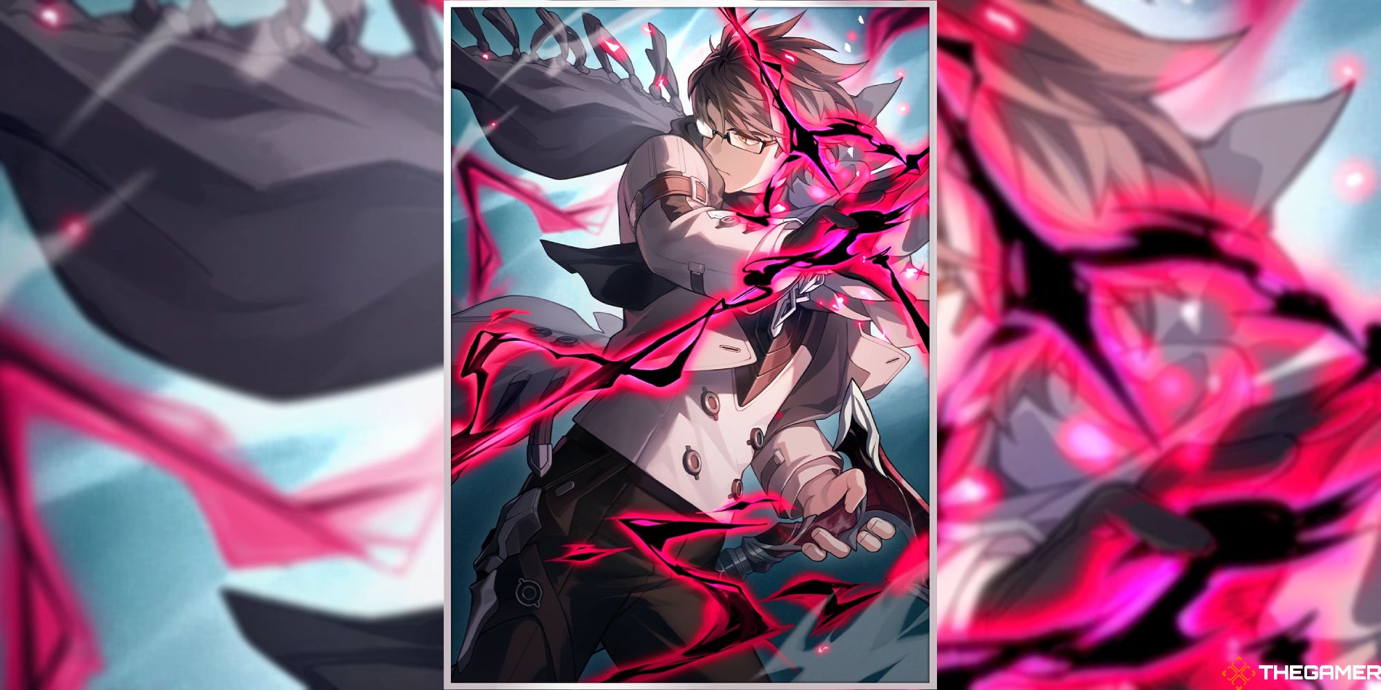 An image of the In The Name Of The World Light Cone artwork from Honkai Star Rail. This art showcases Welt channeling dark red energy.