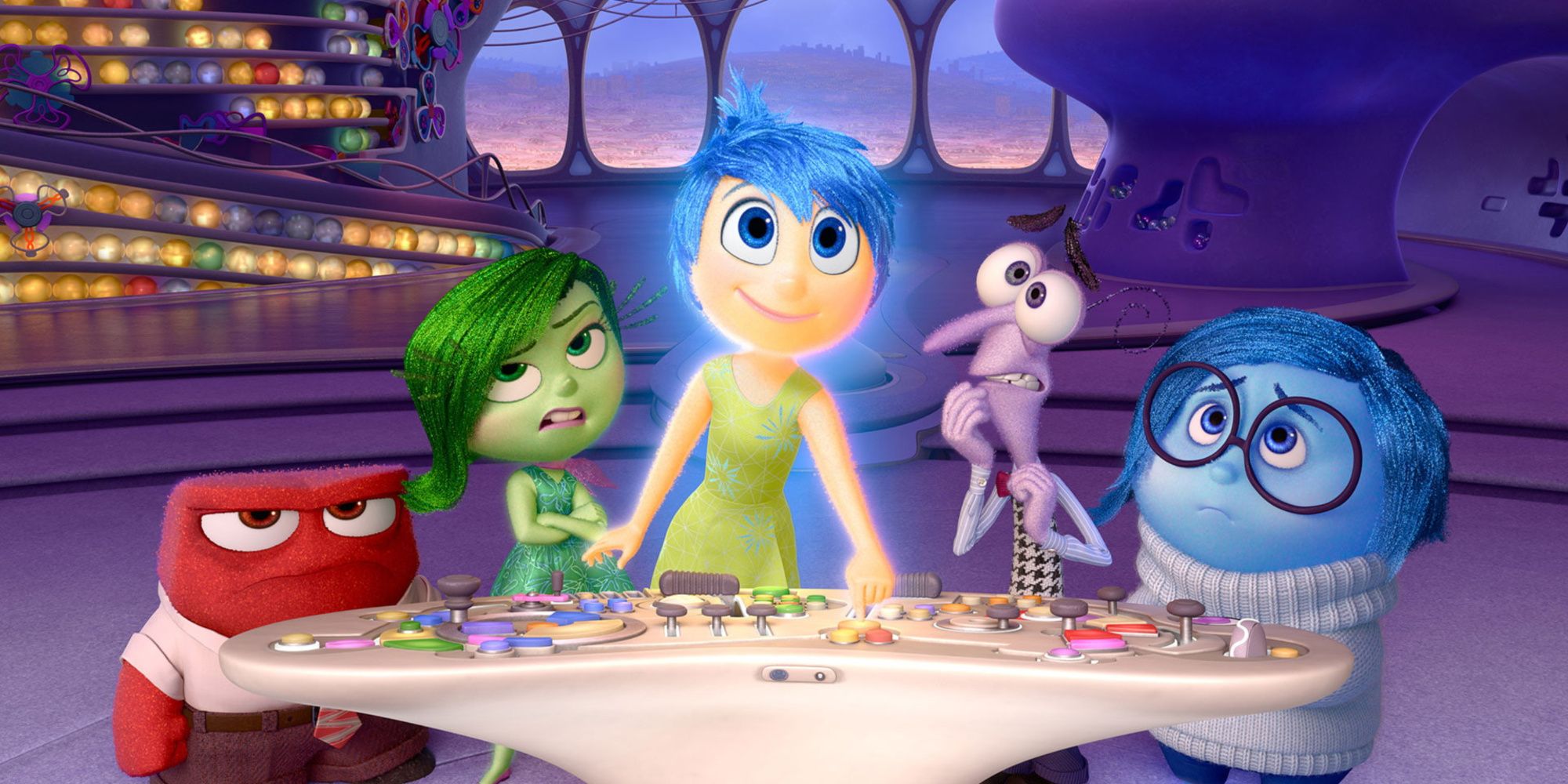 inside out crew featuring anger, disgust, joy, sadness, and fear at the control panel