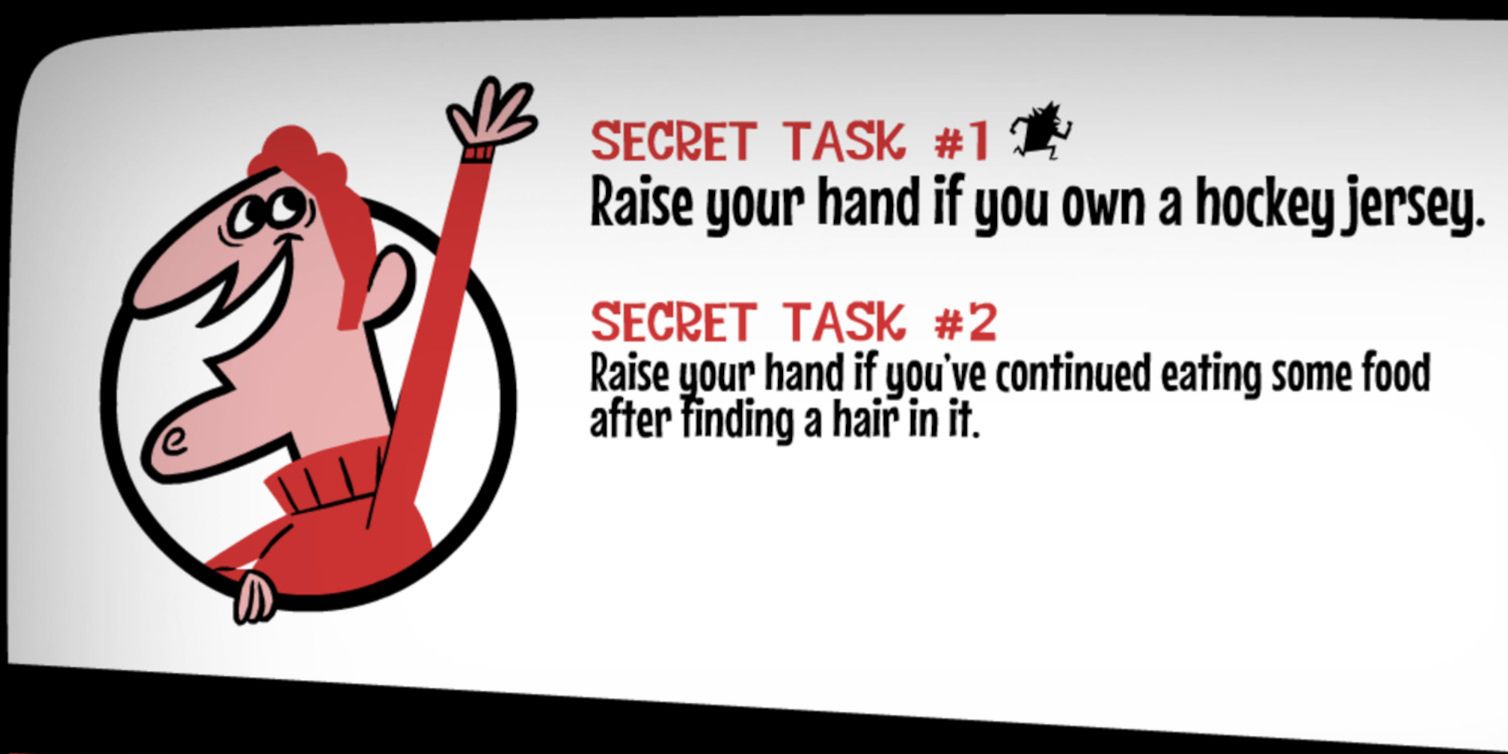 Faking It Man in Red Raising Hand Next to two Secret Task Descriptions 